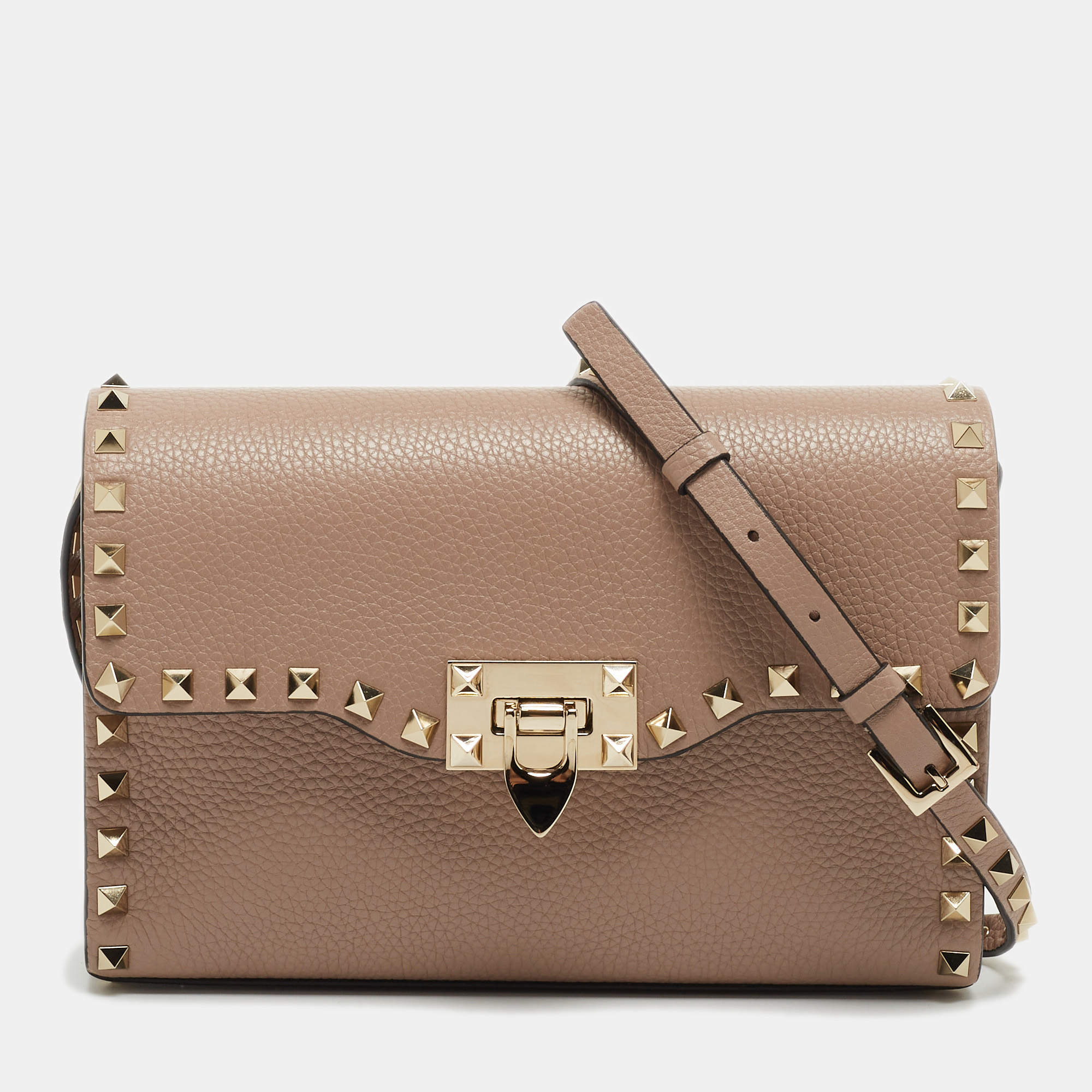 مملوكة مسبقًا Valentino Beige Leather Small Rockstud Flap Shoulder Bag