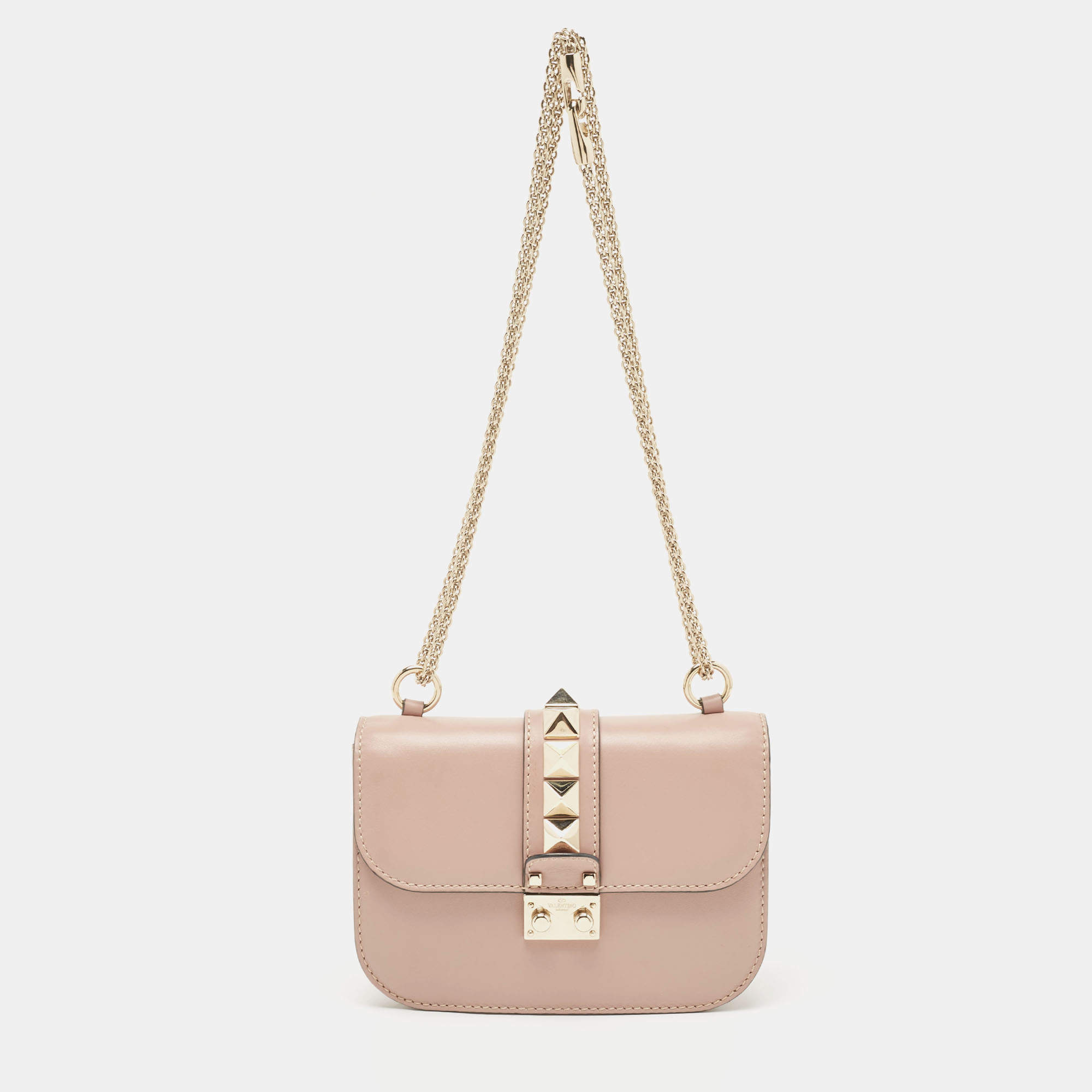 Valentino Beige Leather Small Rockstud Glam Lock Flap Bag
