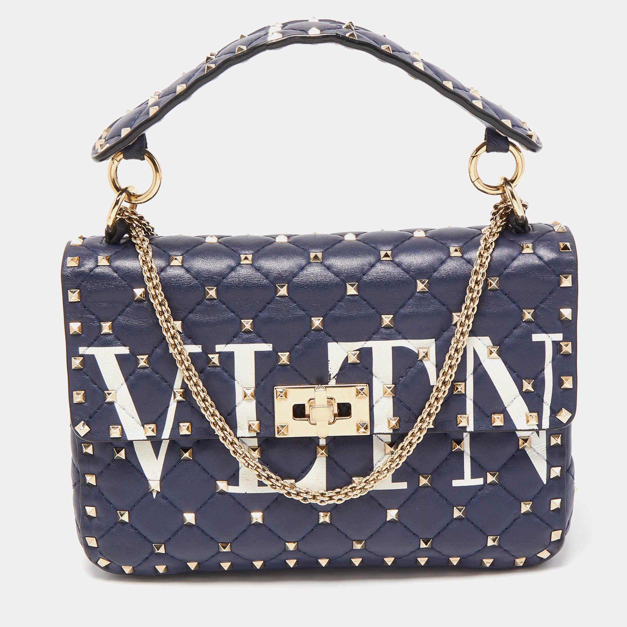 Pre Owned Valentino Blue Quilted Leather Medium Rockstud Spike VLTN Shoulder Bag