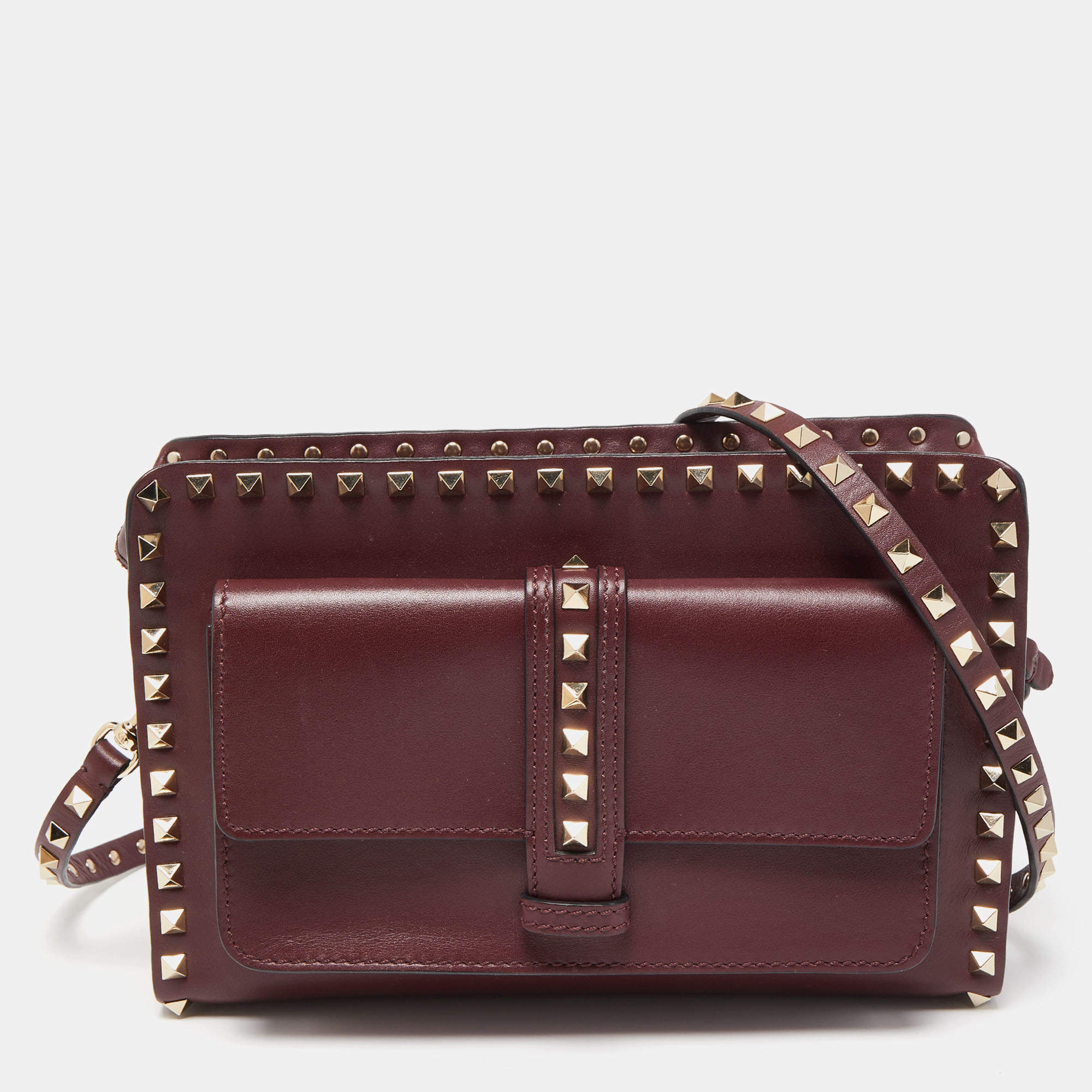 Valentino Burgundy Leather Rockstud Rectangular Shoulder Bag