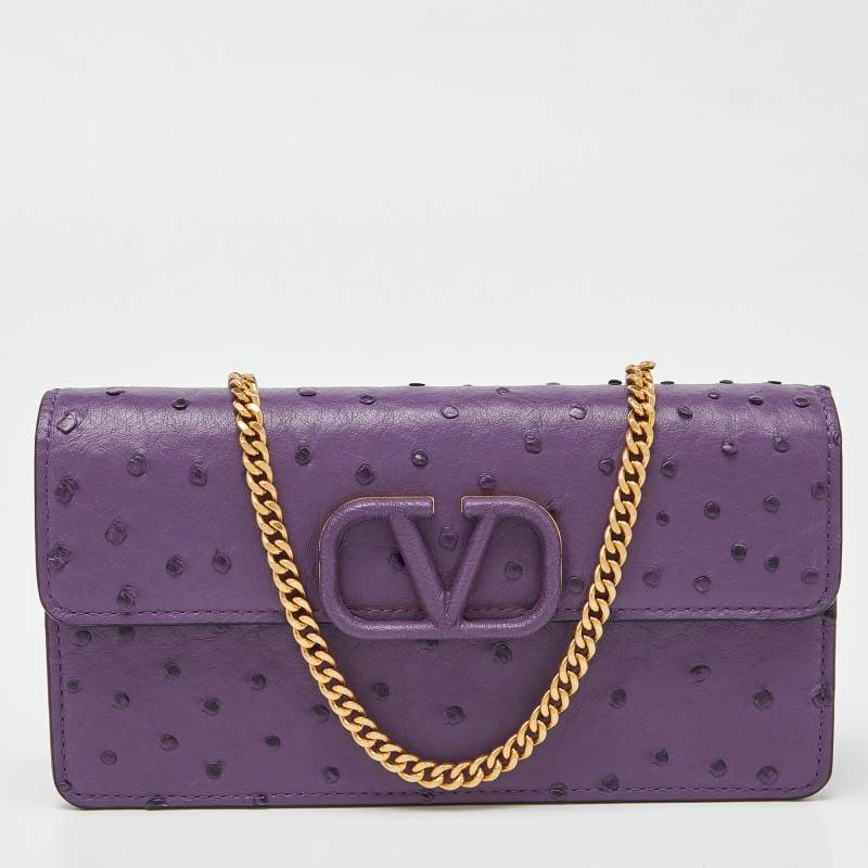 Pre Owned Valentino Purple Ostrich Leather VSling Wallet on Chain