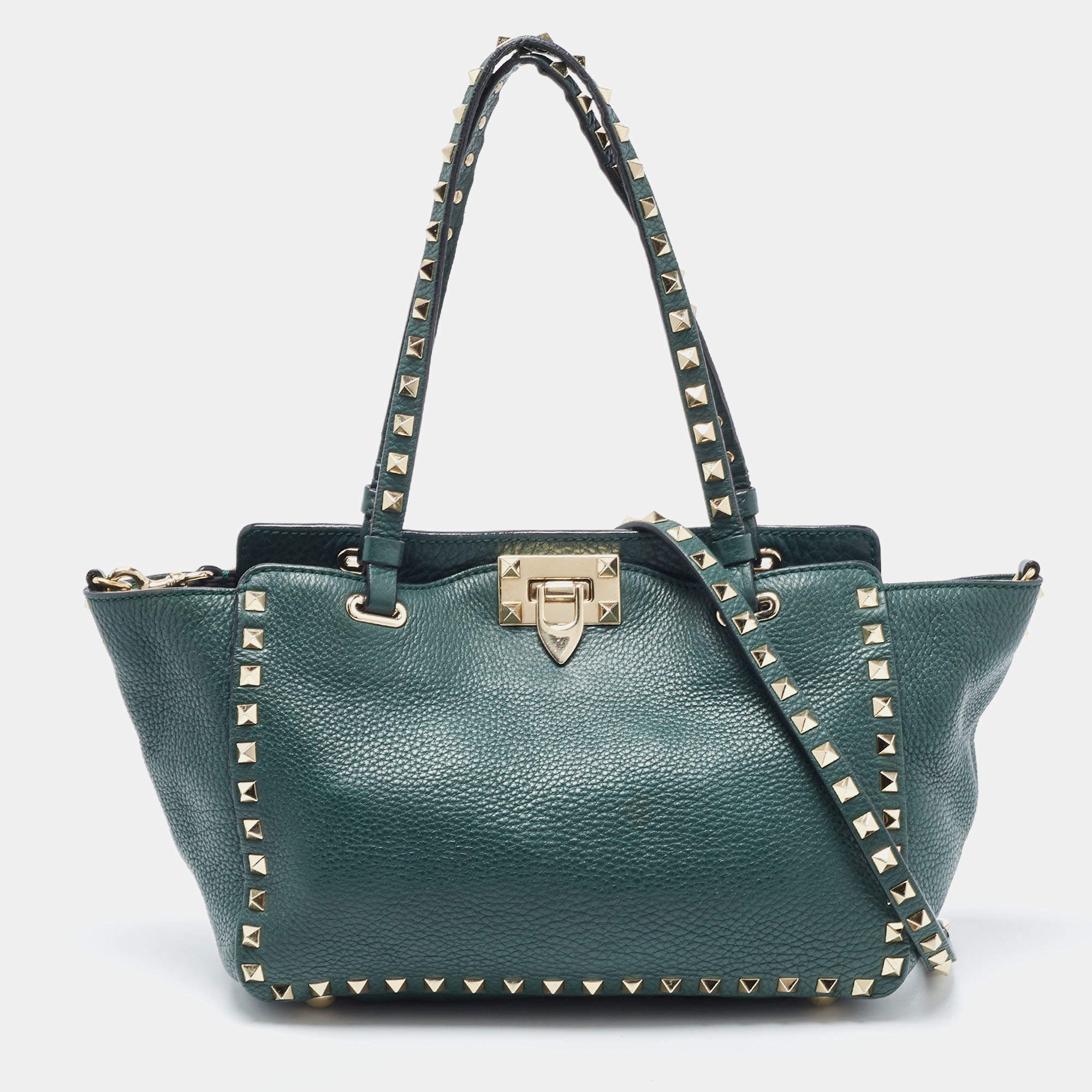 Pre Owned Valentino Green Leather Small Rockstud Trapeze Tote