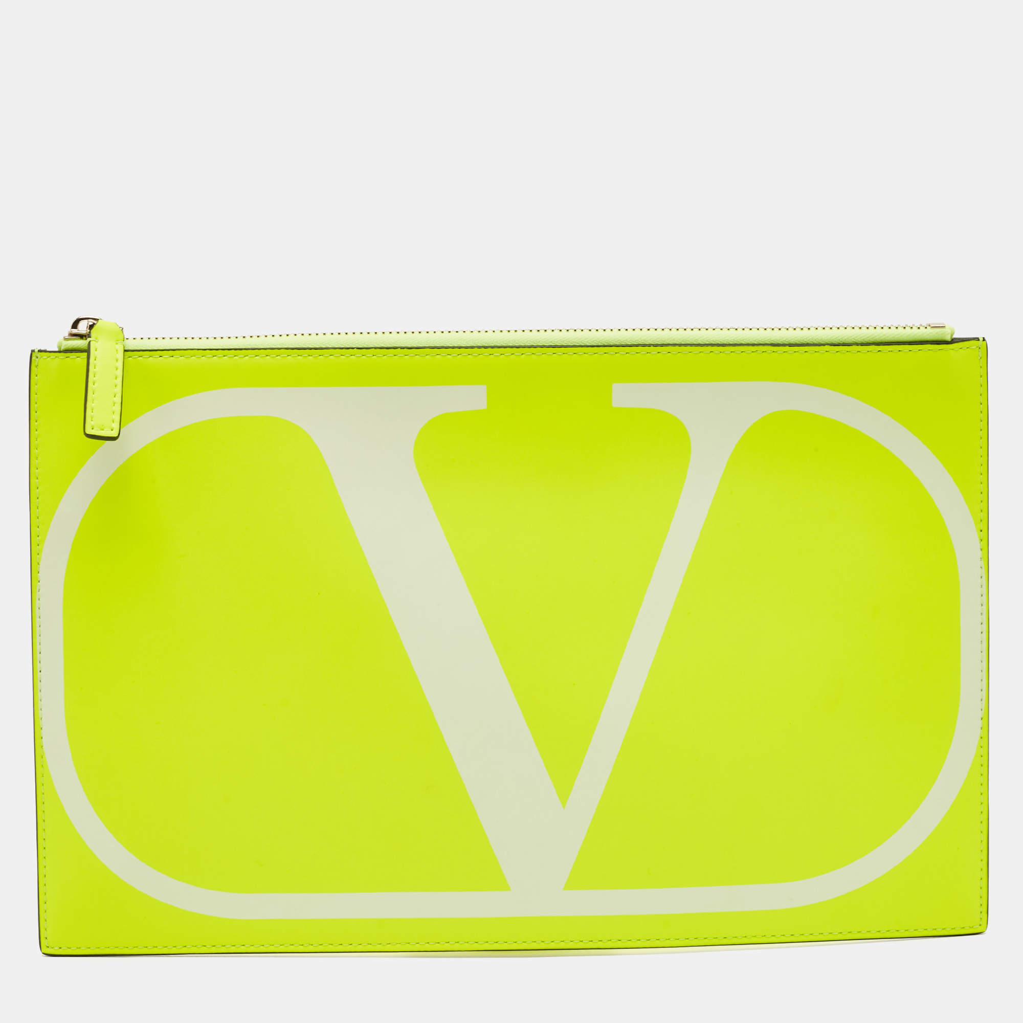 Pre Owned  Valentino Neon Green Leather VLogo Flat Pouch