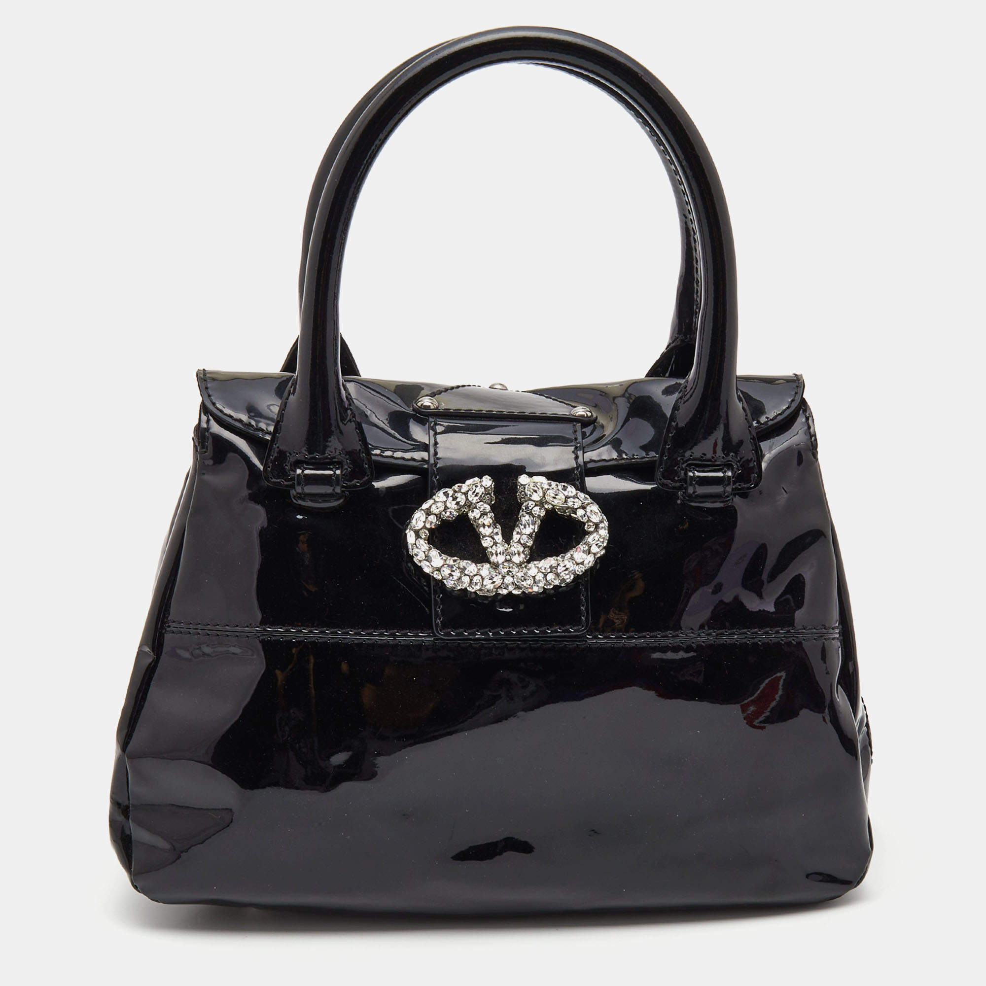 Pre Owned Valentino Black Patent Leather Crystals Catch Satchel