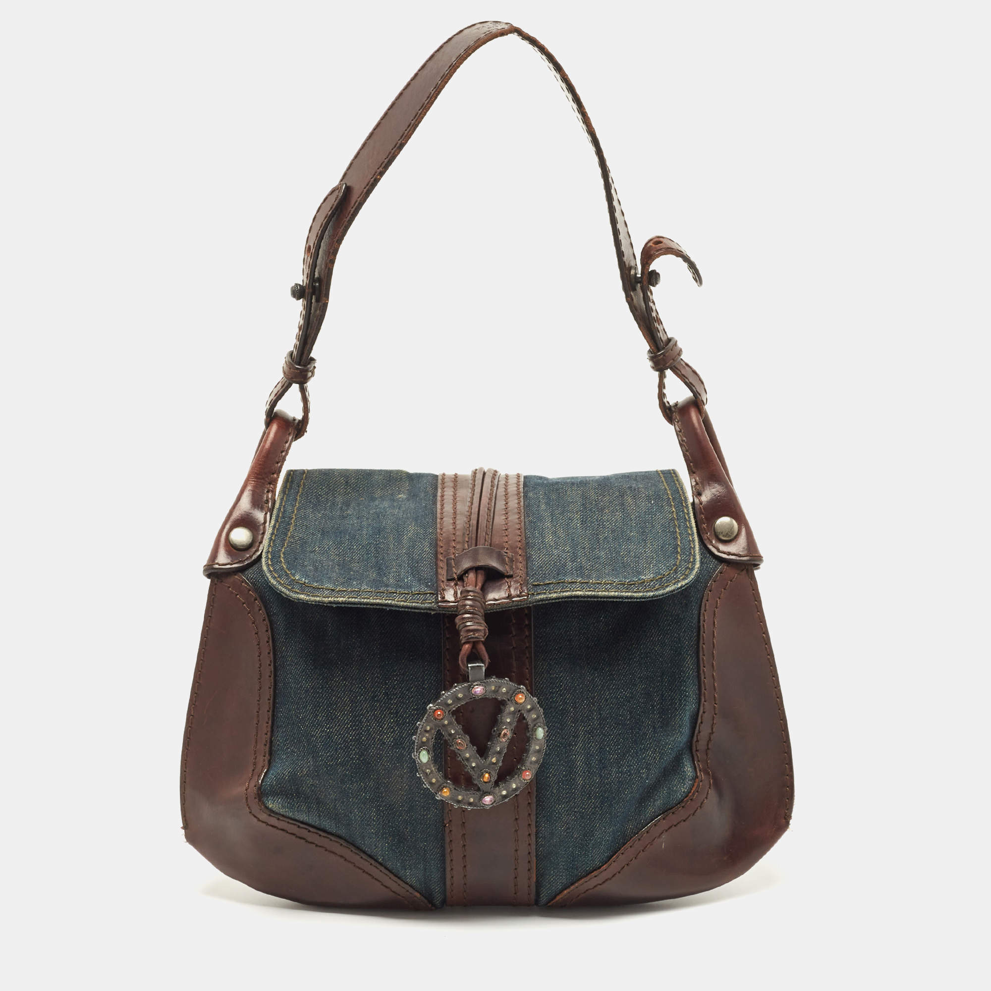 Pre Owned Valentino Dark Brown/Dark Blue Denim and Leather Catch Shoulder Bag