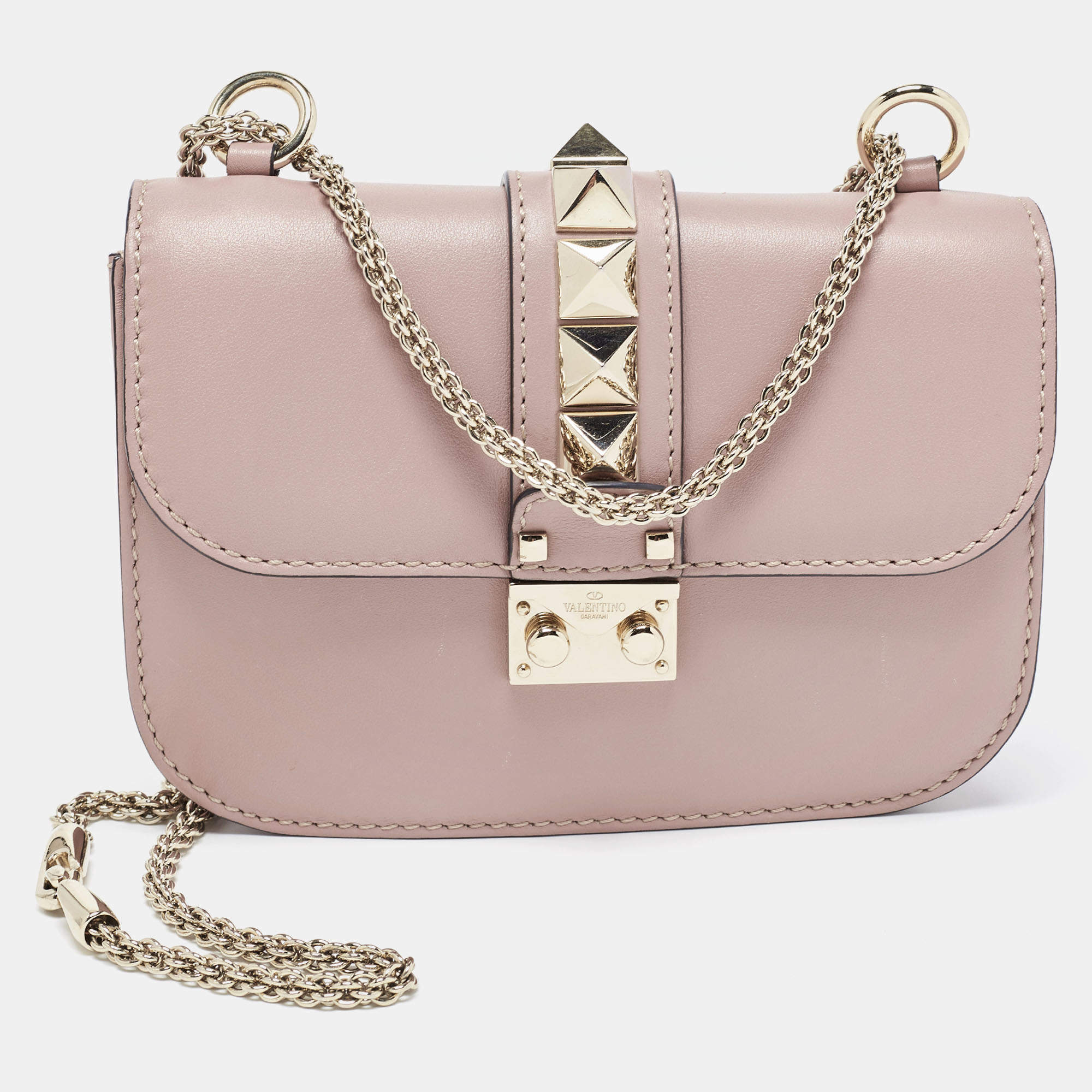 Valentino Pink Leather Small Rockstud Glam Lock Flap Bag at