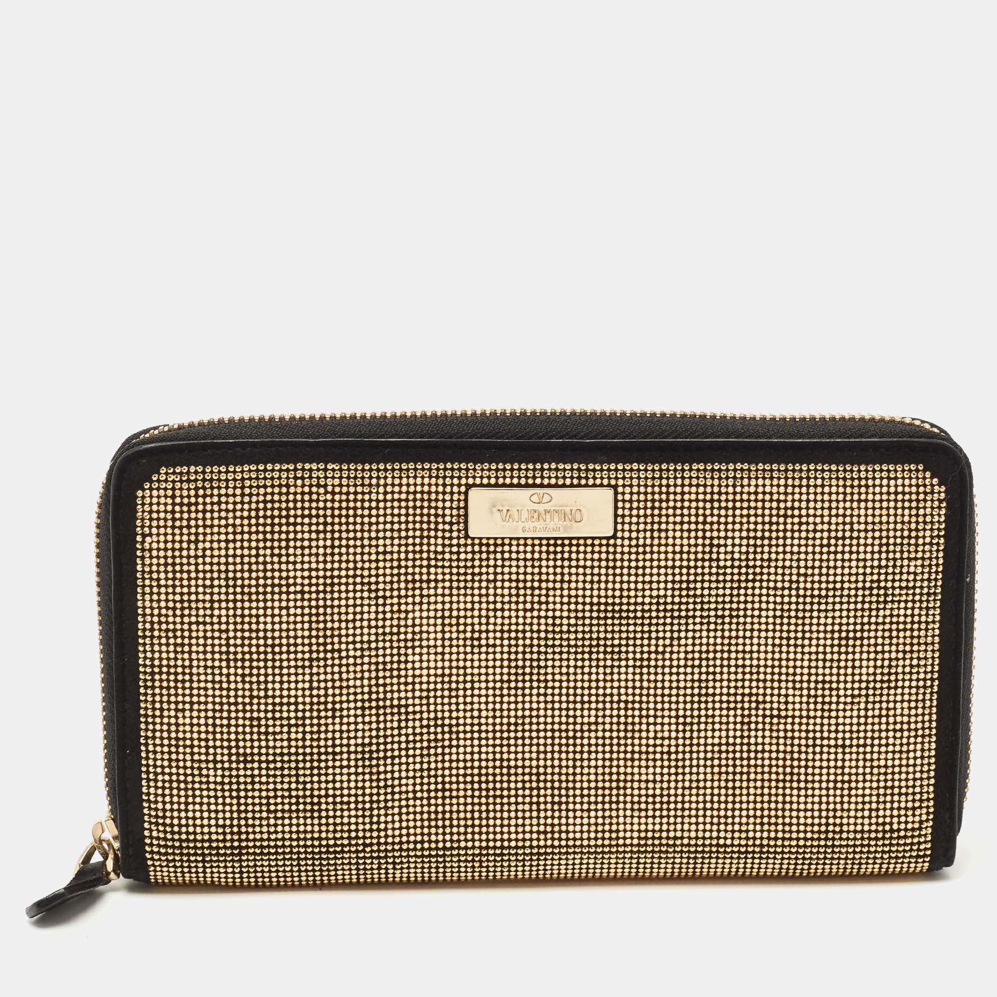 Pre Owned Valentino Black Suede and Studded Embellished Zip Around Continental Wallet