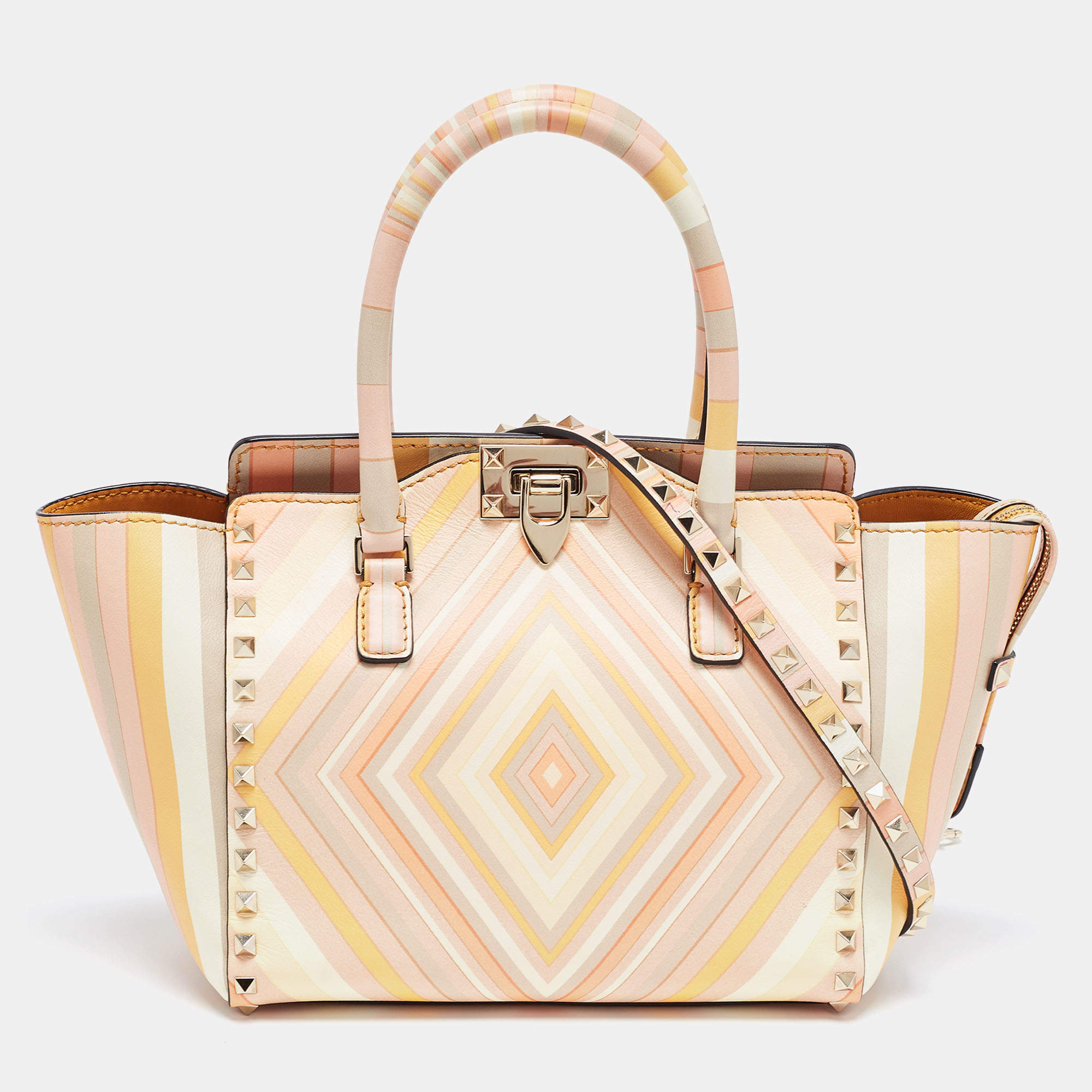 Pre Owned Valentino Multicolor 1975 Striped Leather Rockstud Trapeze Tote