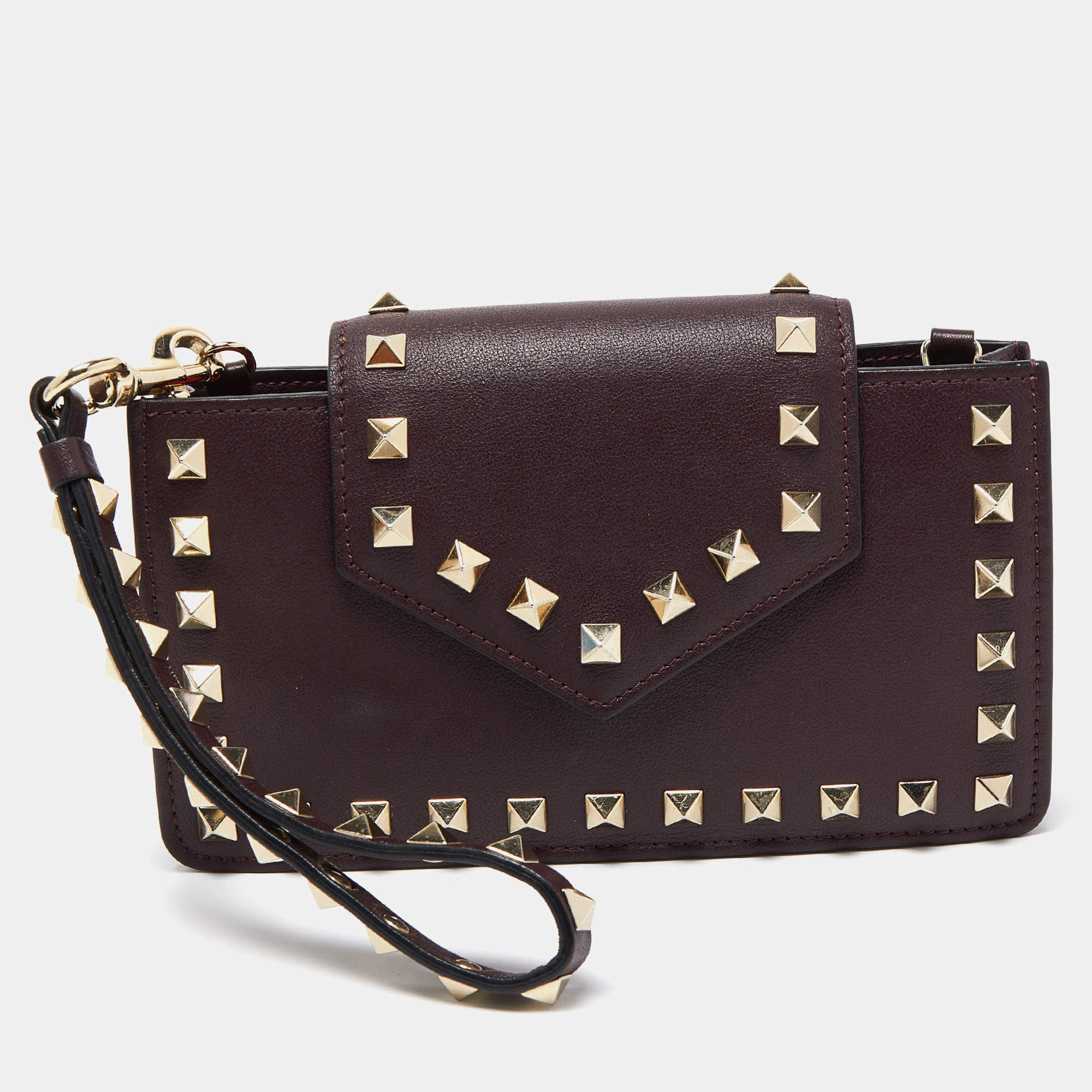 Pre Owned Valentino Dark Purple Leather Rockstud Phone Case Chain Bag