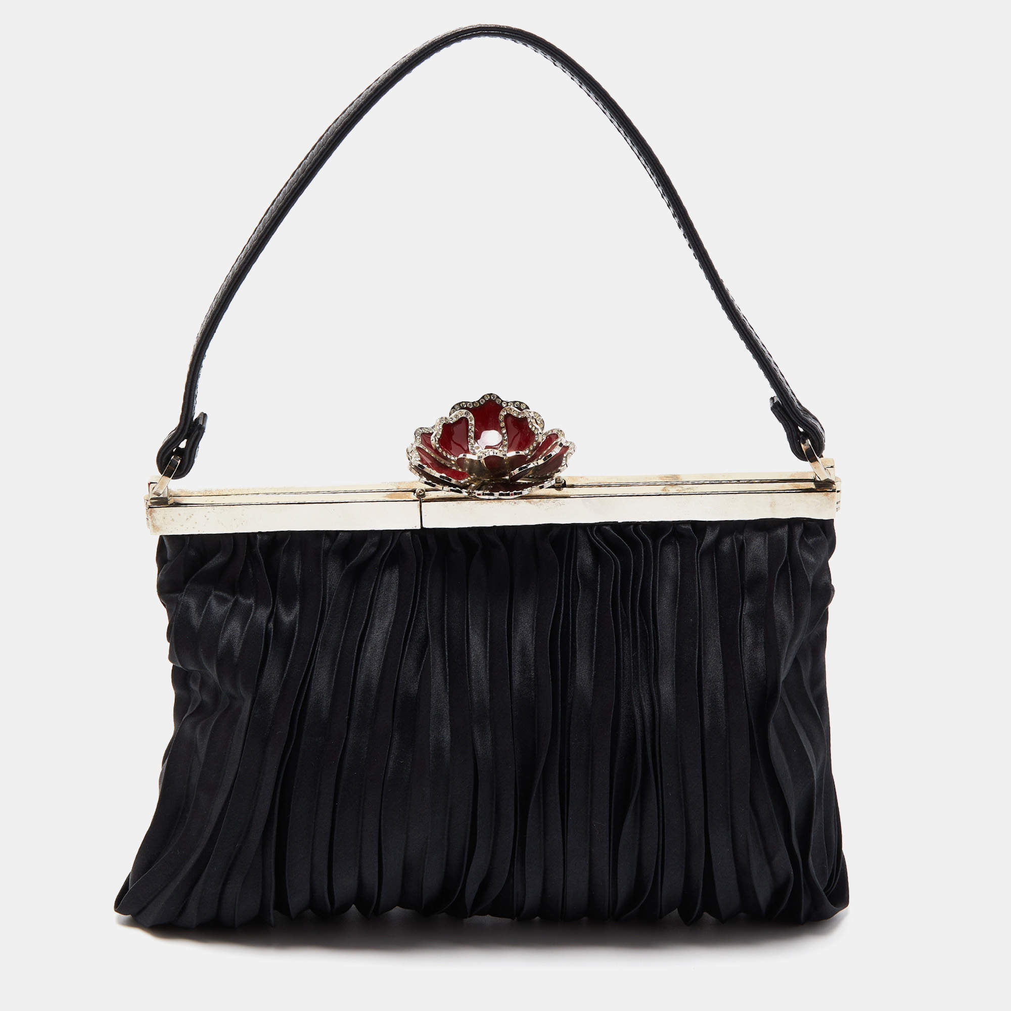 Pre Owned Valentino Black Satin Flower Clasp Frame Clutch