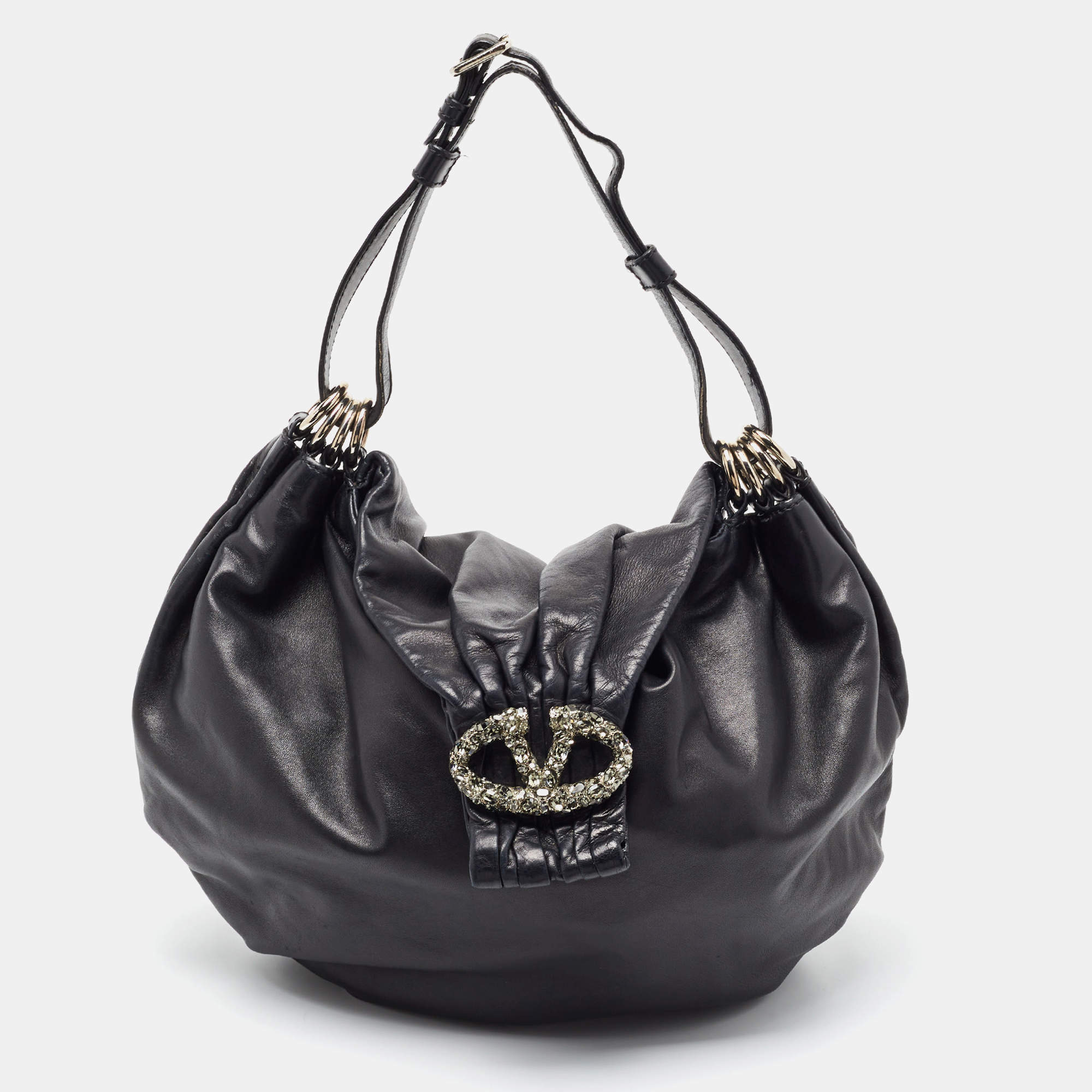 Valentino Black Leather VLogo Crystals Embellished Hobo