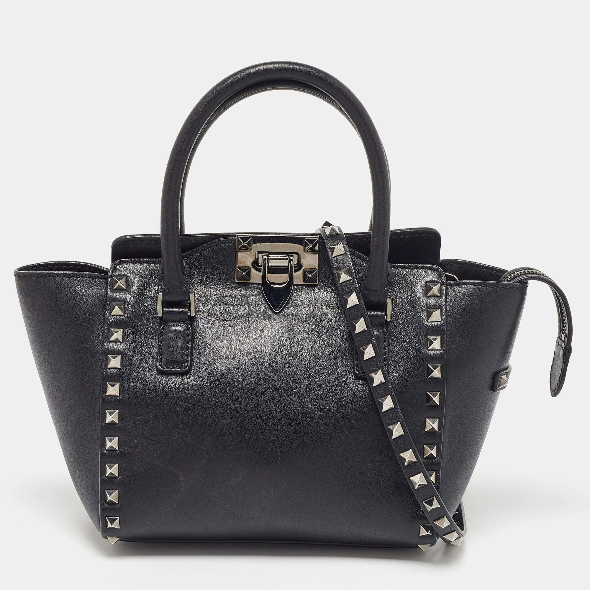 Pre Owned Valentino Black Leather Mini Rockstud Trapeze Tote