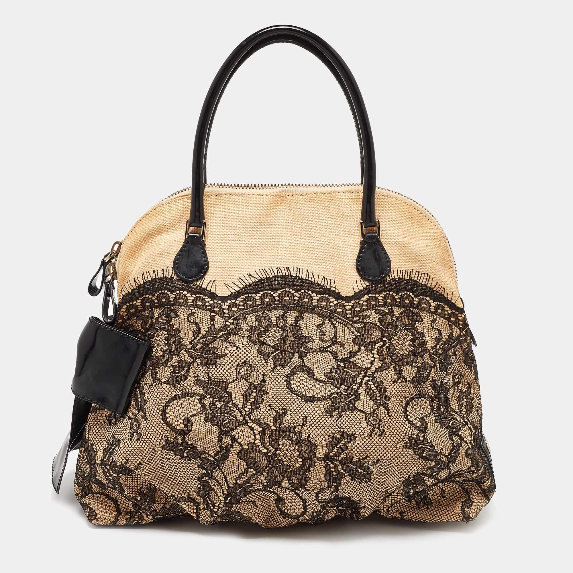 Valentino Beige/Black Raffia,Patent Leather and Lace Bow Dome Satchel