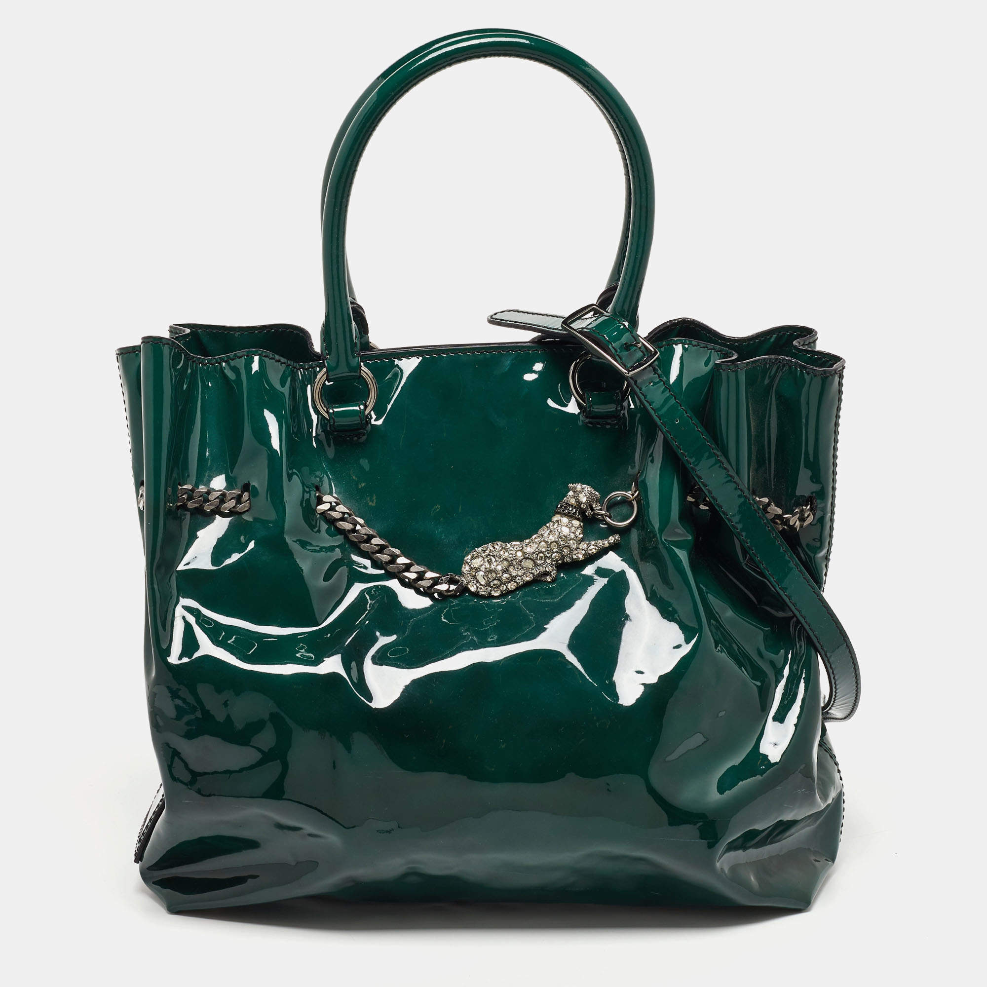 Pre Owned Valentino Green Patent Leather Chain Tote