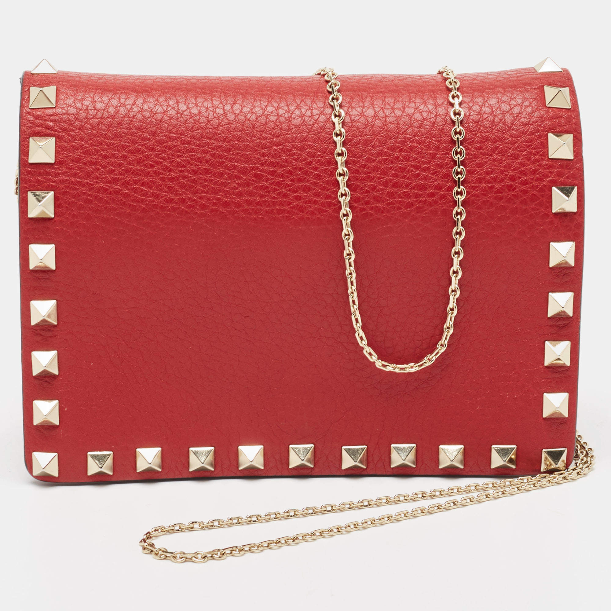Valentino Red Leather Rockstud Chain Clutch