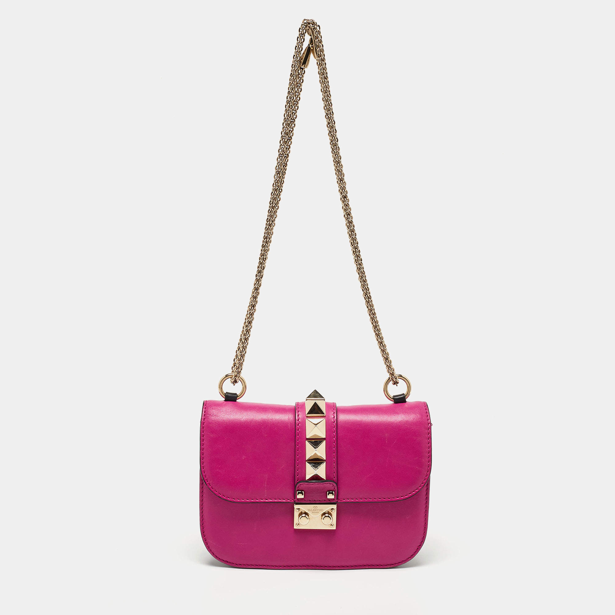 Pre Owned Valentino Pink Leather Small Rockstud Glam Lock Flap Bag