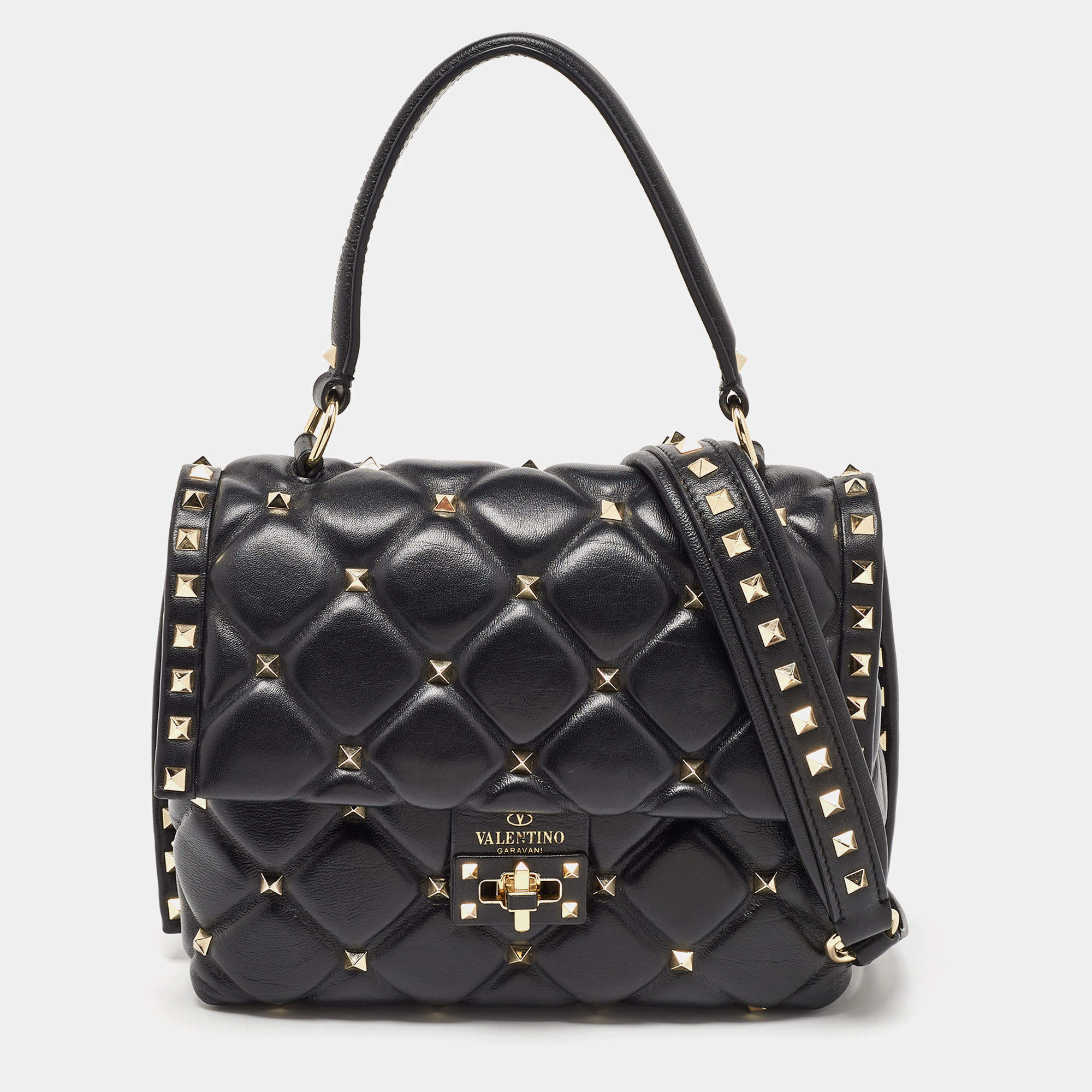 Pre Owned Valentino Black Quilted Leather Medium Candystud Top Handle Bag