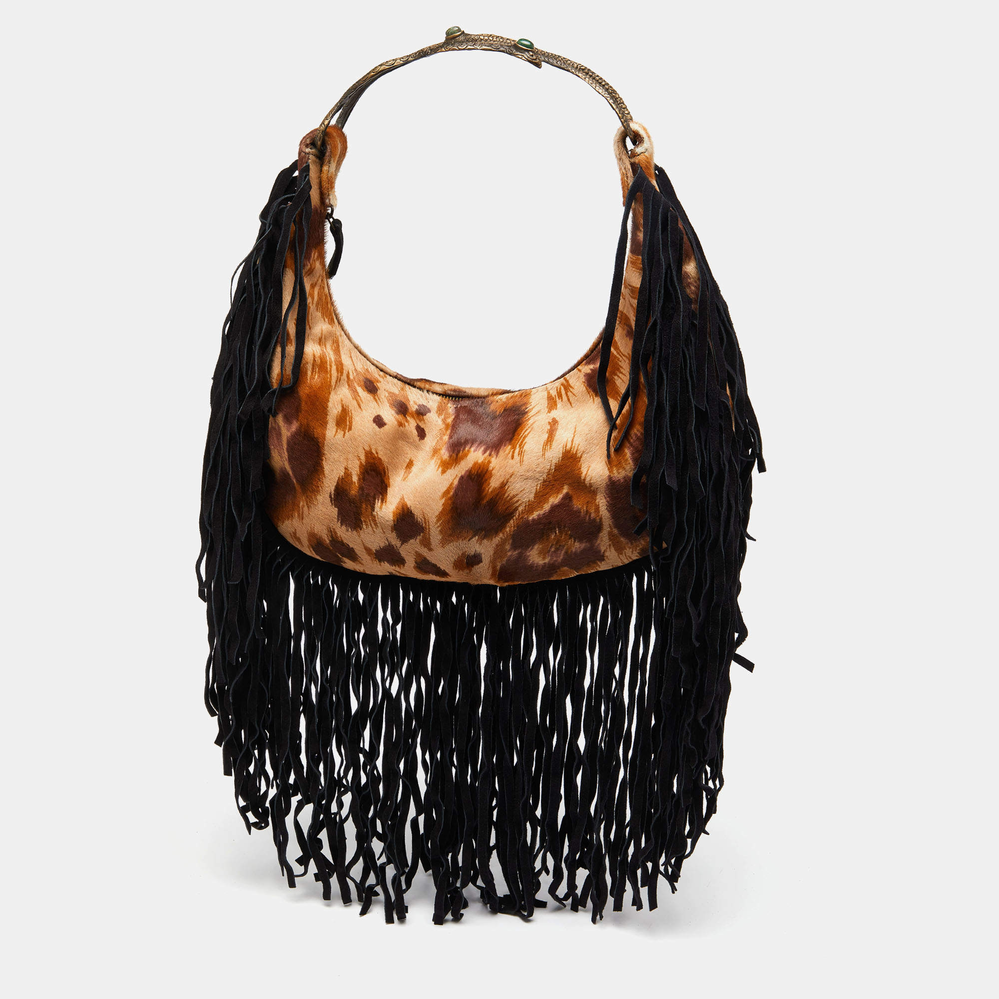 Pre Owned Valentino Brown/Black Calfhair and Suede Fringe Hobo
