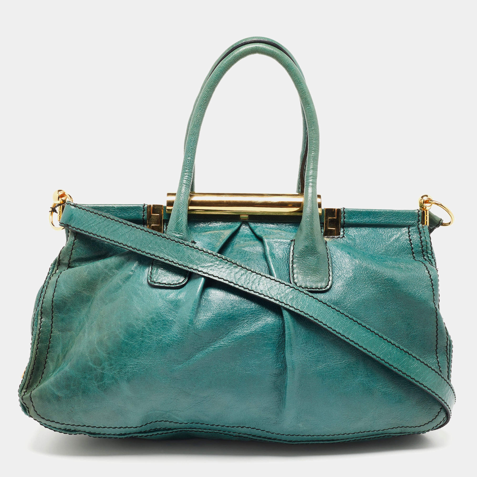 Pre Owned Valentino Green Leather Frame Satchel