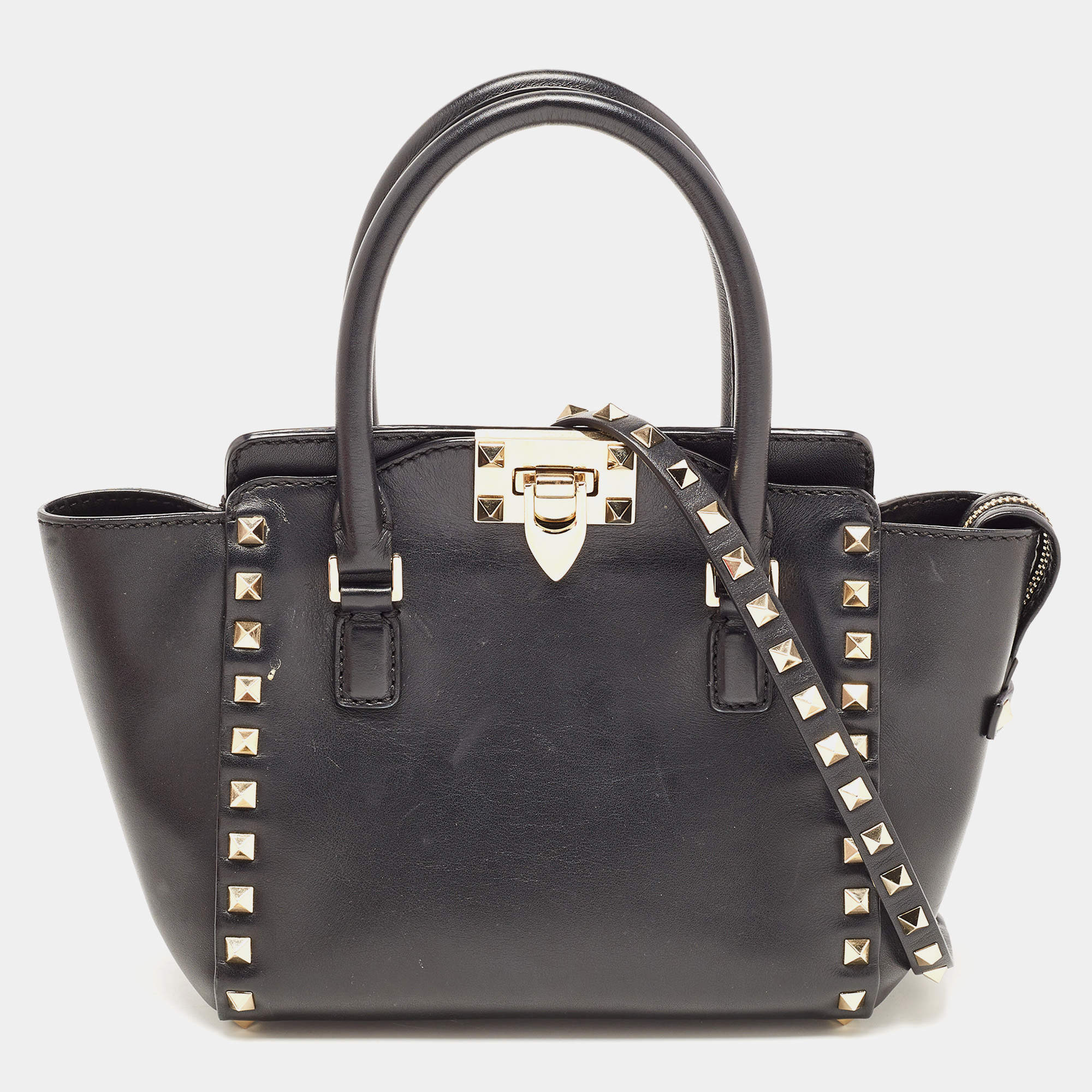 Pre Owned Valentino Black Leather Mini Rockstud Trapeze Tote