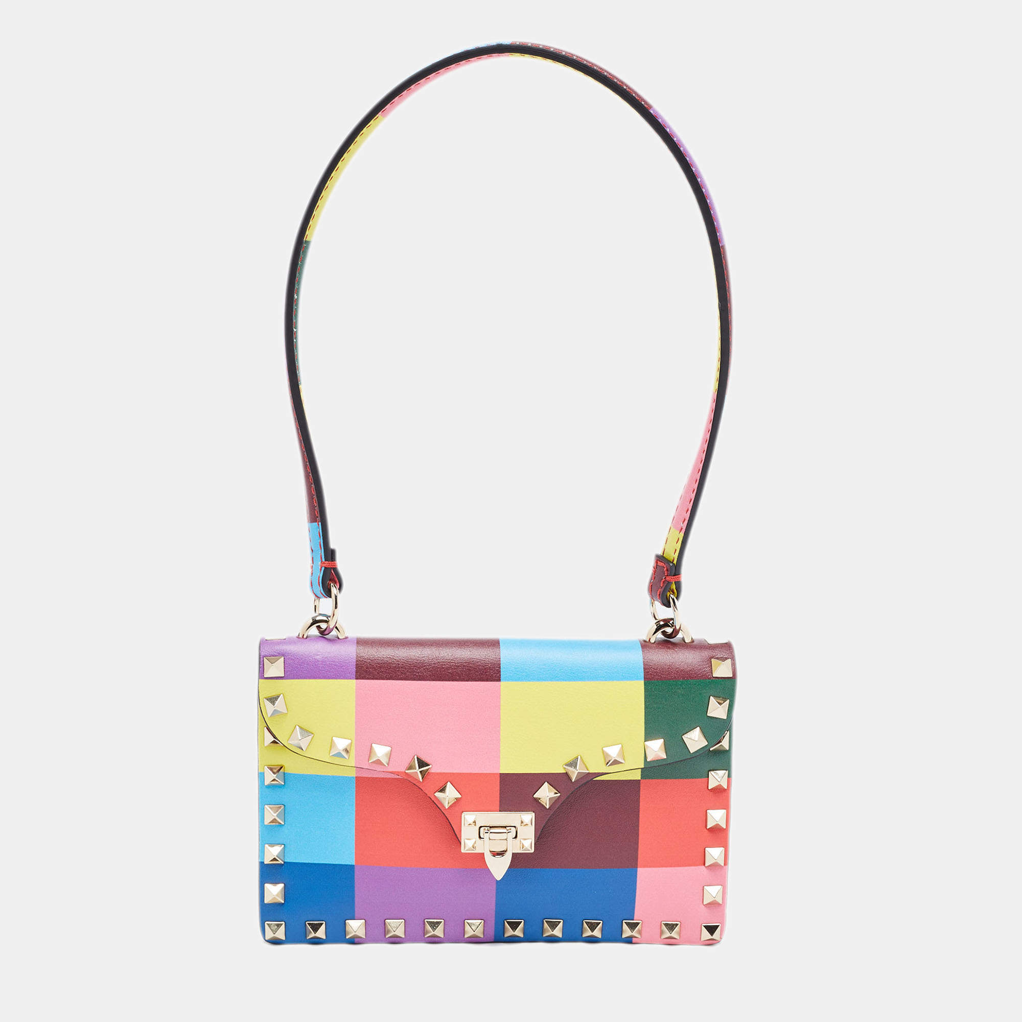 Valentino Multicolor Printed Leather Rockstud Top Handle Bag