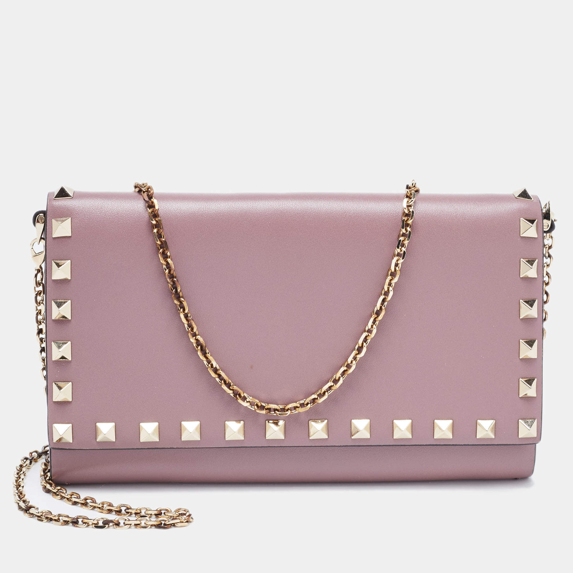 Pre Owned Valentino Purple Leather Rockstud Flap Chain Clutch