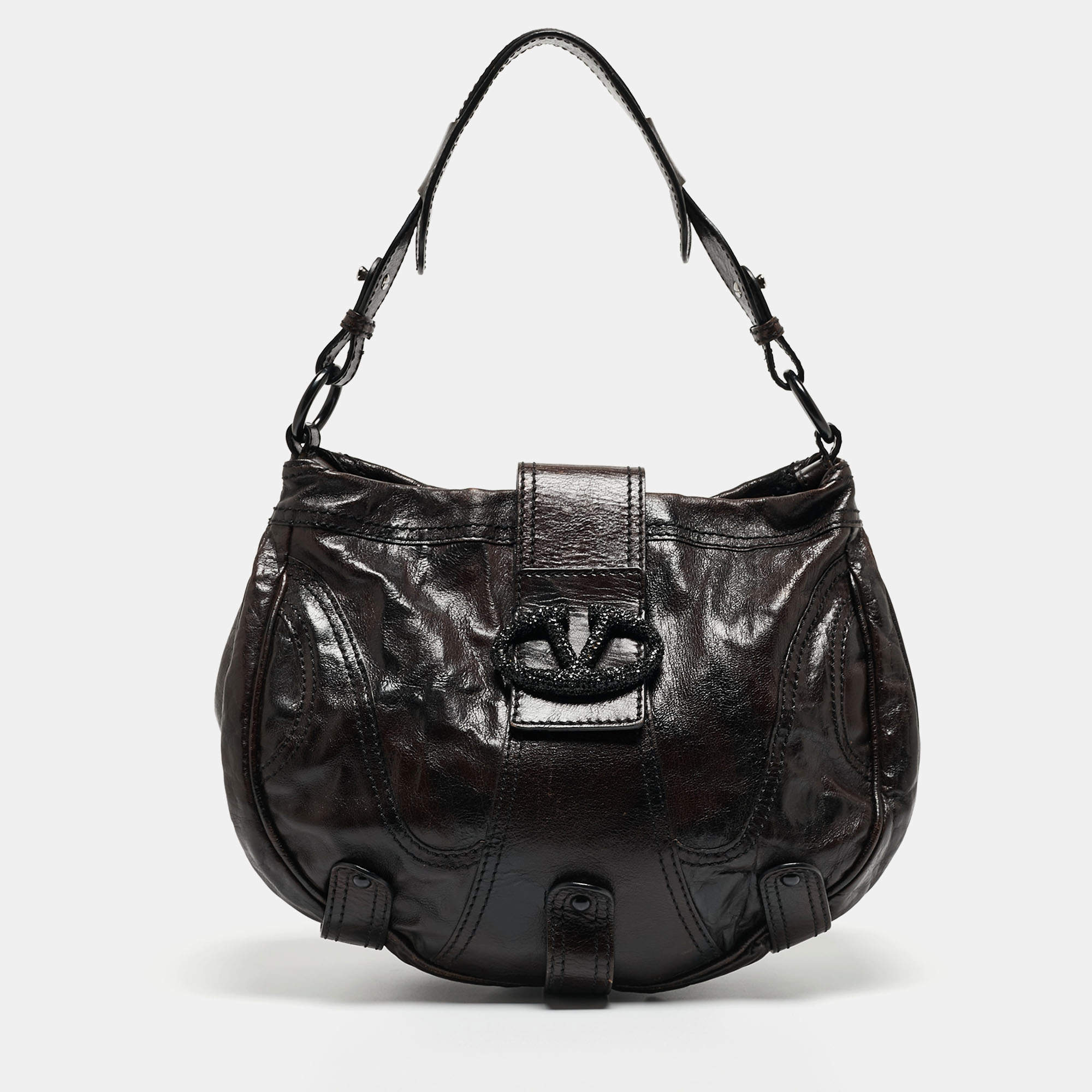 Pre Owned Valentino Black Leather Crystals Embellished Catch Hobo