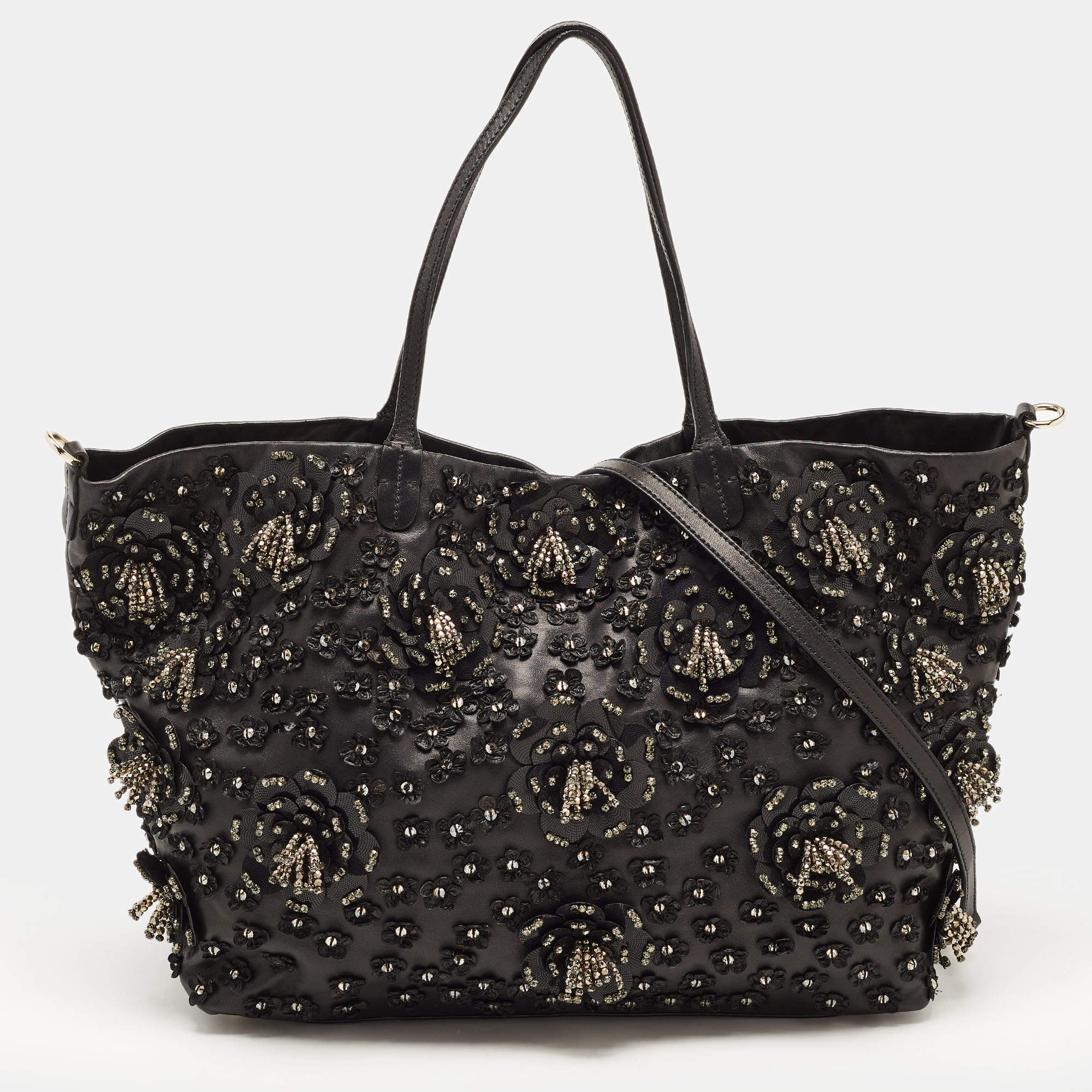 Pre Owned Valentino Black Leather Crystal Embellished Floral Applique Tote