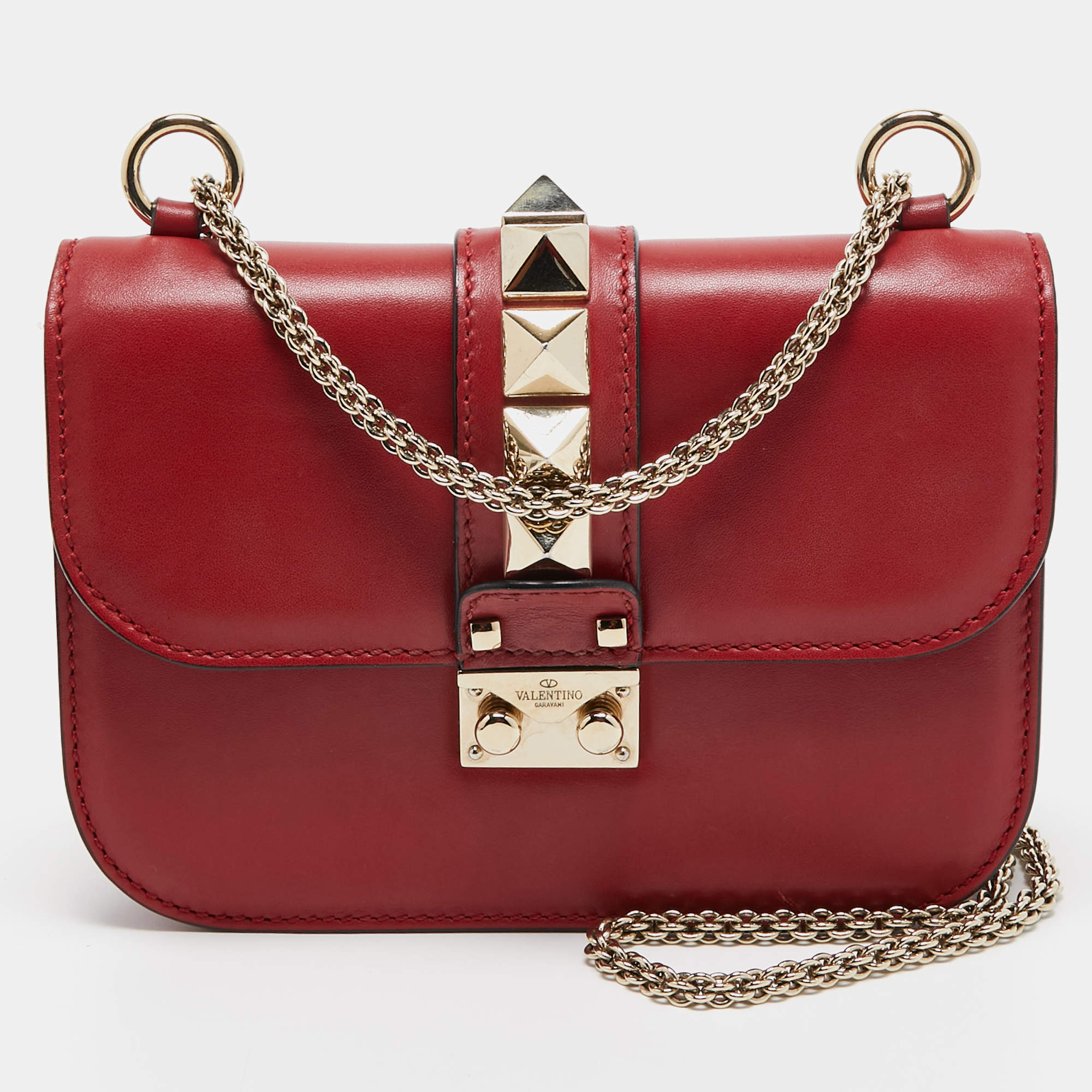 Pre Owned Valentino Red Leather Small Rockstud Glam Lock Flap Bag