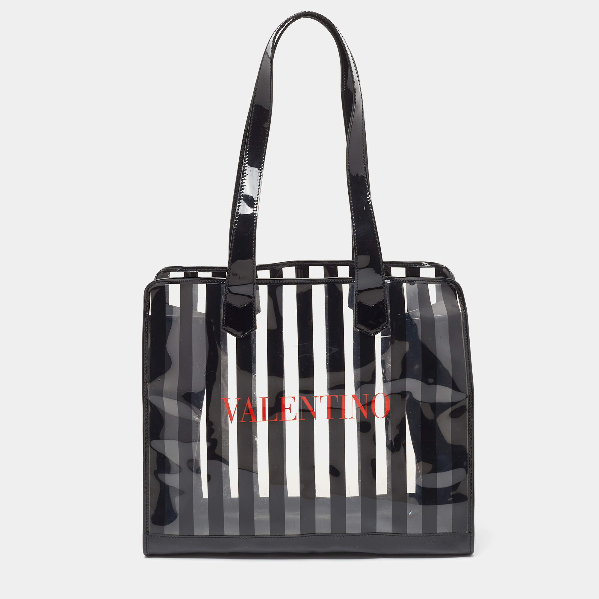 Pre Owned Valentino Black/Clear PVC and Patent Leather Striped Tote