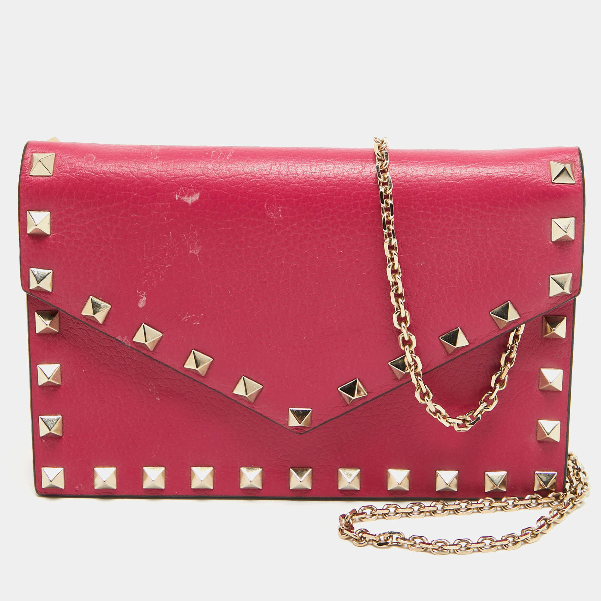 Pre Owned Valentino Pink Leather Rockstud Envelope Wallet on Chain