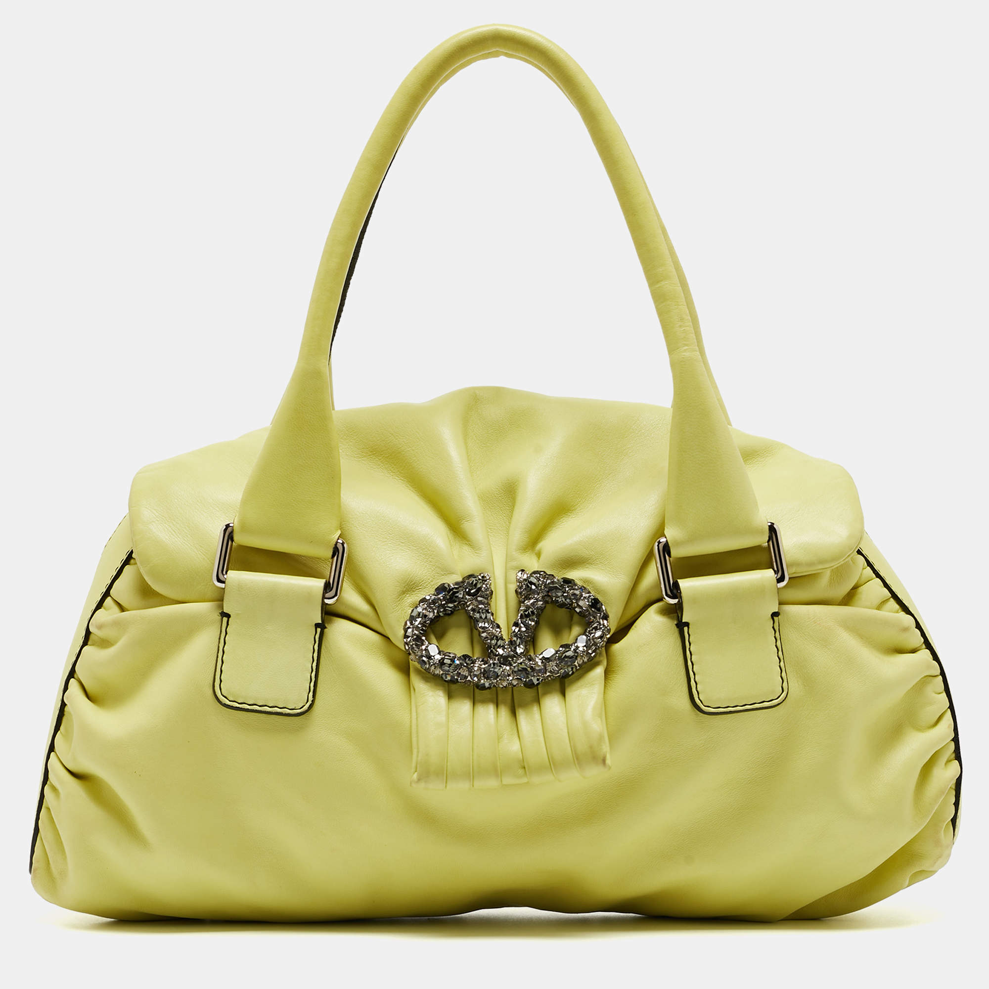 Pre Owned Valentino Lime Yellow Leather Crystal Embellished Catch Satchel