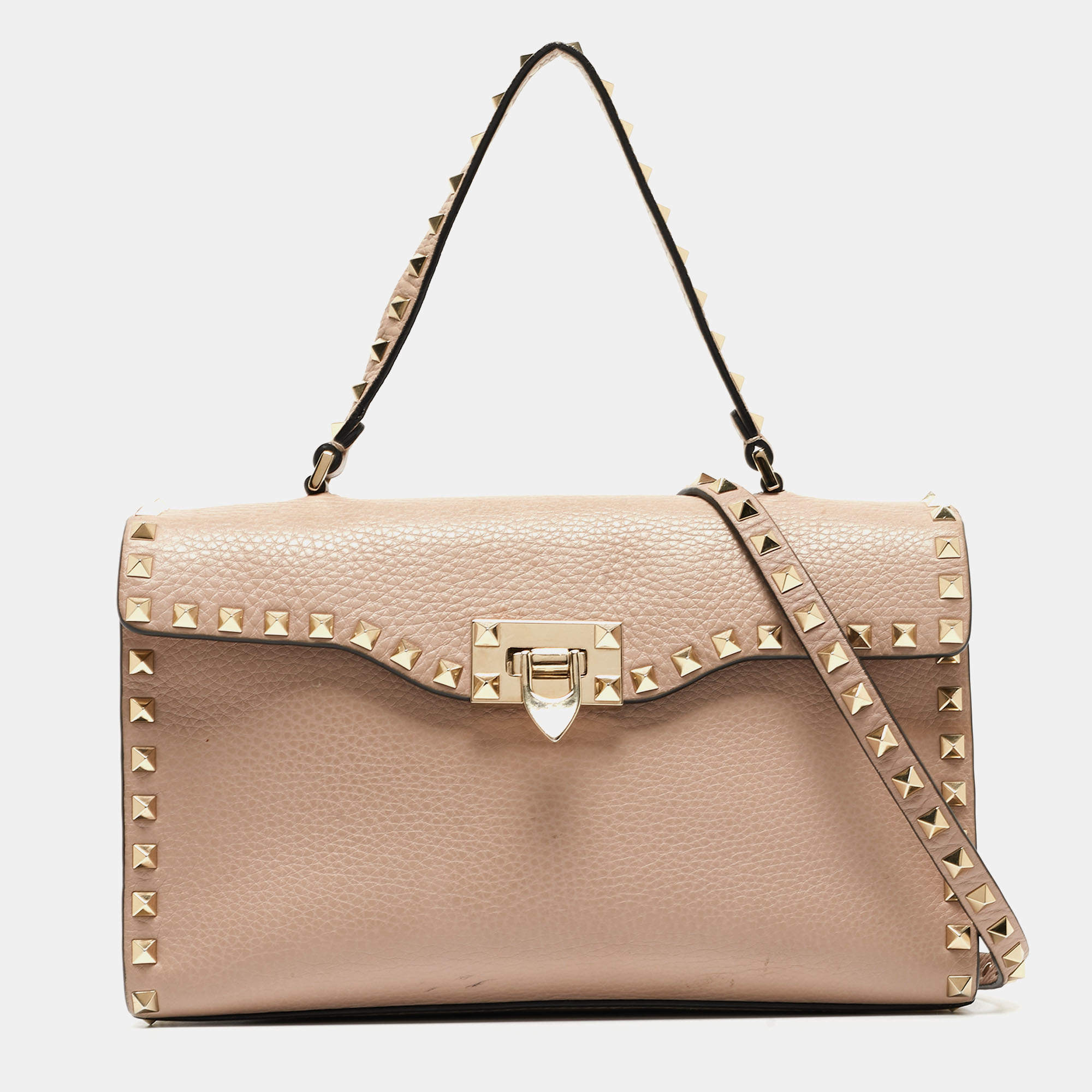 Pre Owned Valentino Old Rose Leather Rockstud Top Handle Bag