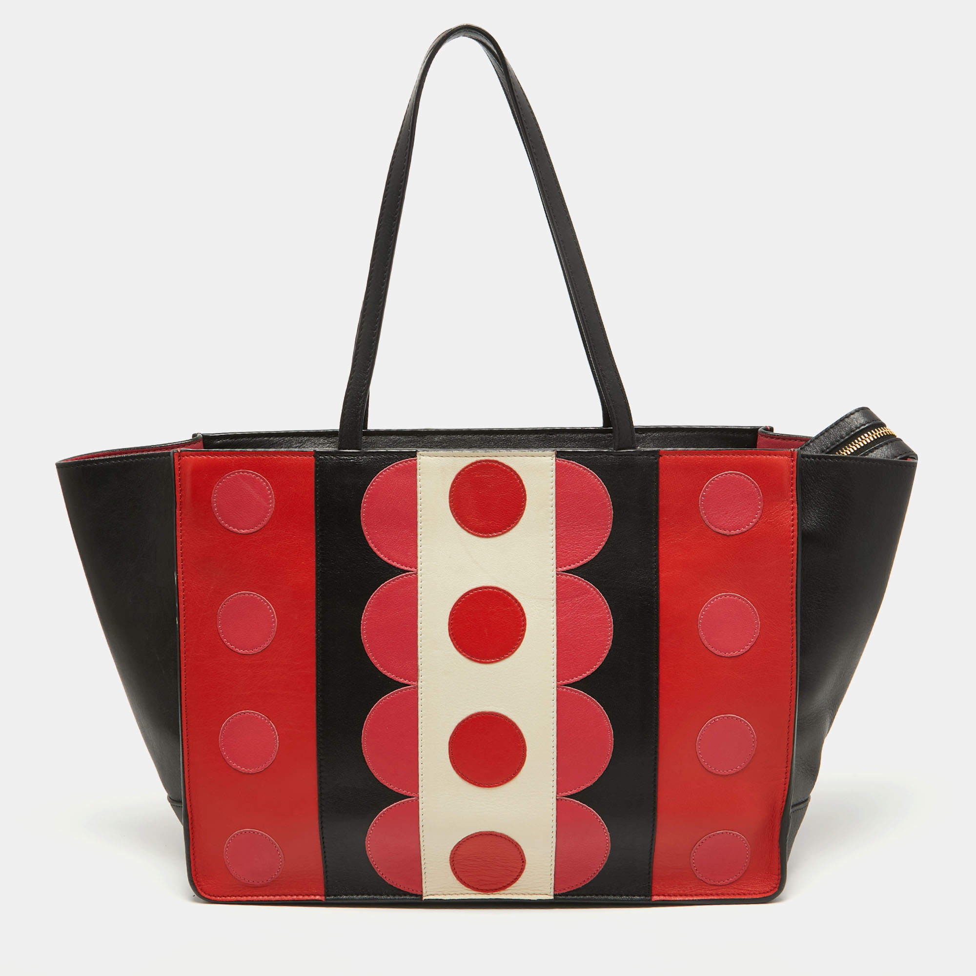 Pre Owned Valentino Tri Color Polka Dot Leather Carmen Shopper Tote 