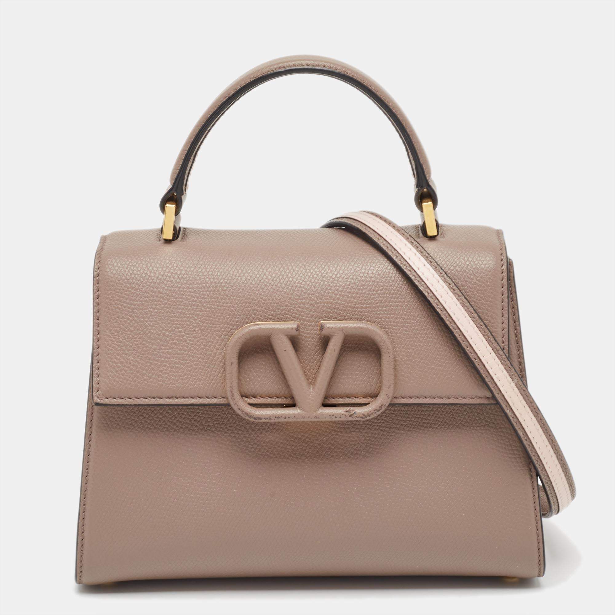 Pre Owned Valentino Beige Leather Small VSling Top Handle Bag