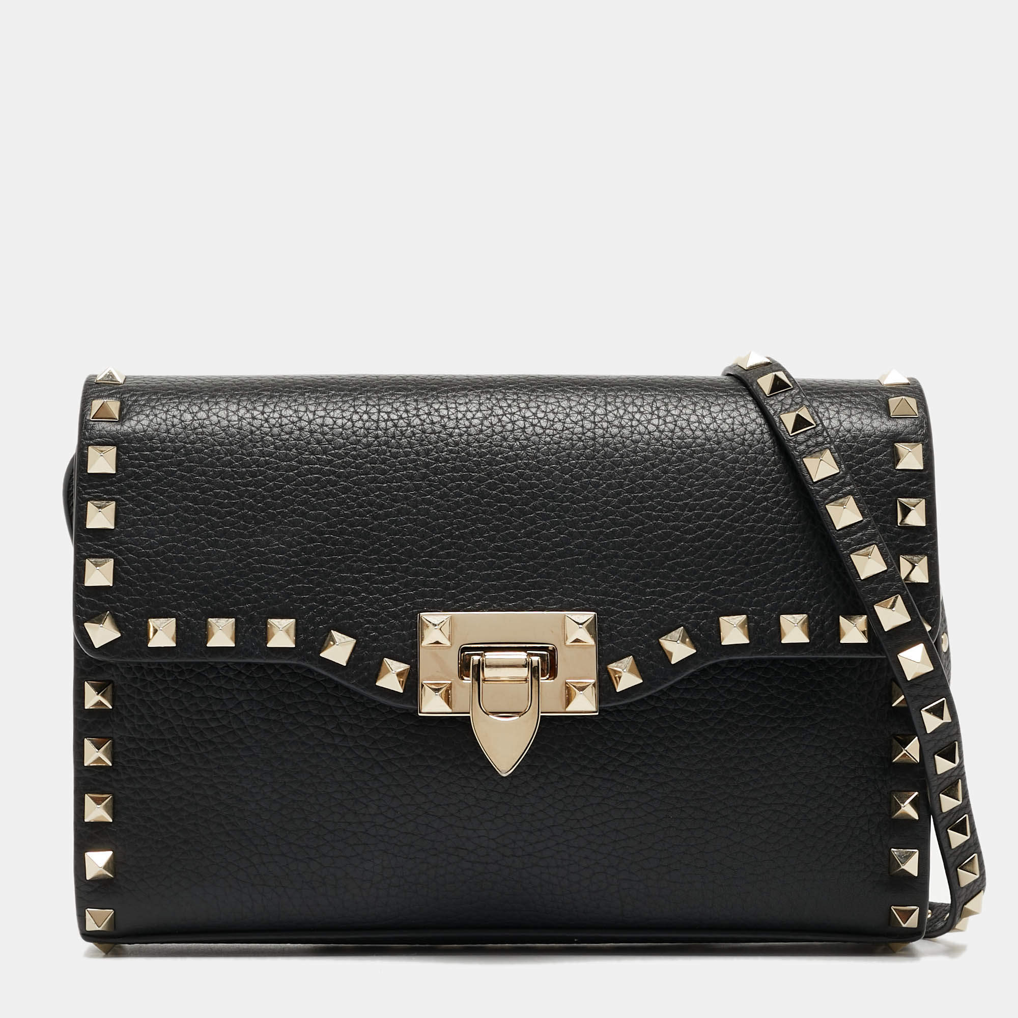Pre Owned Valentino Black Leather Rockstud Flap Crossbody Bag