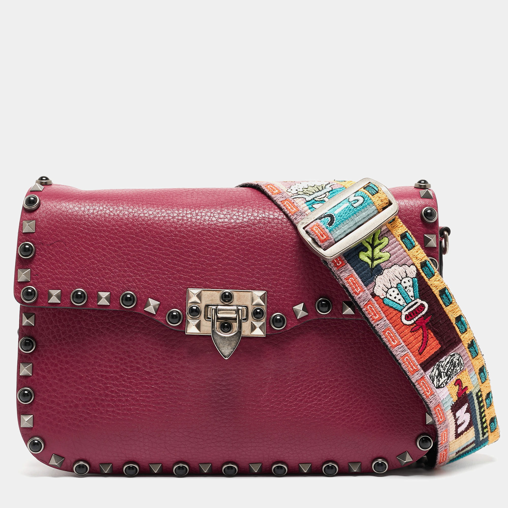 Pre Owned Valentino Magenta Leather Guitar Rolling Rockstud Shoulder Bag