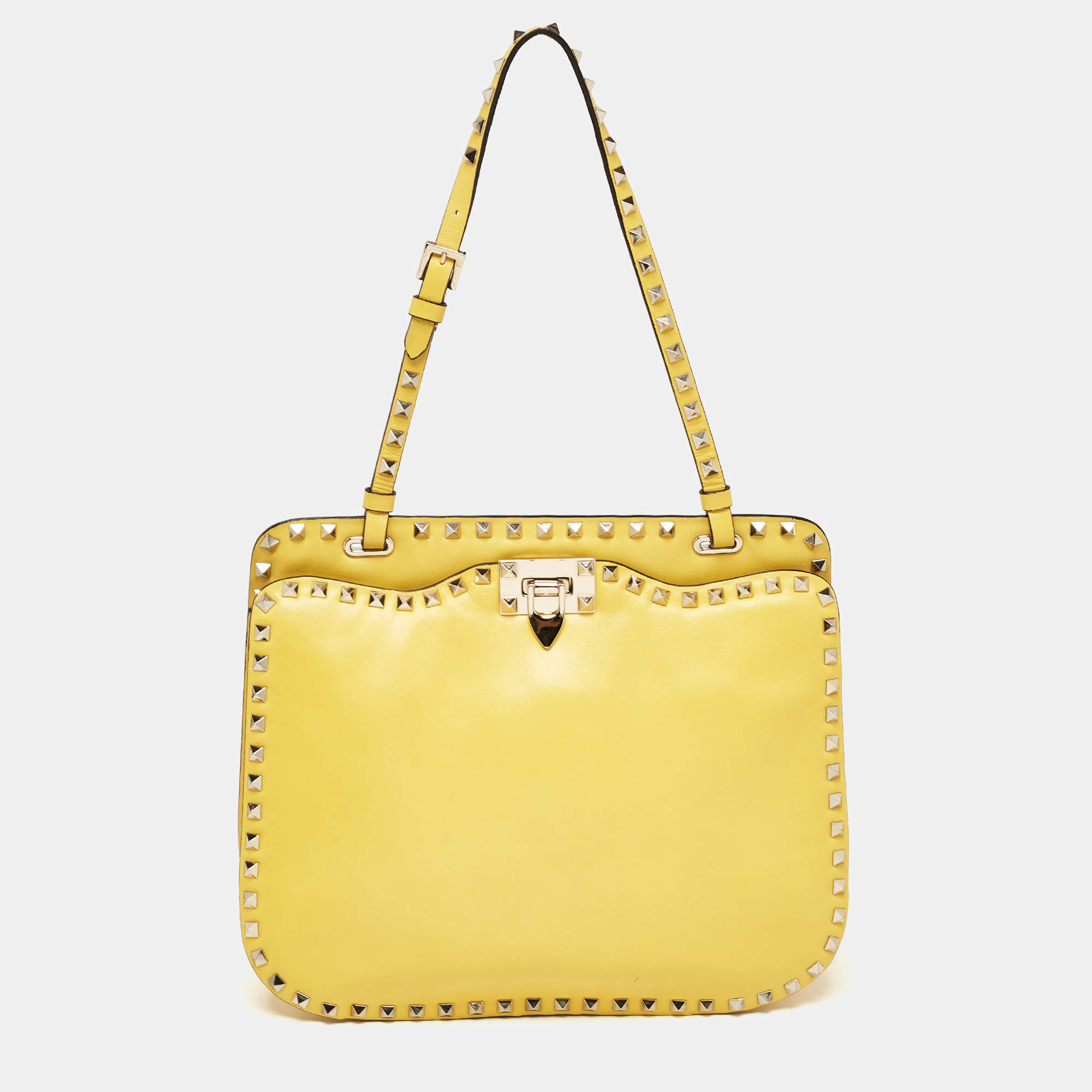 Pre Owned Valentino Yellow Leather Rockstud Trapeze Shoulder Bag