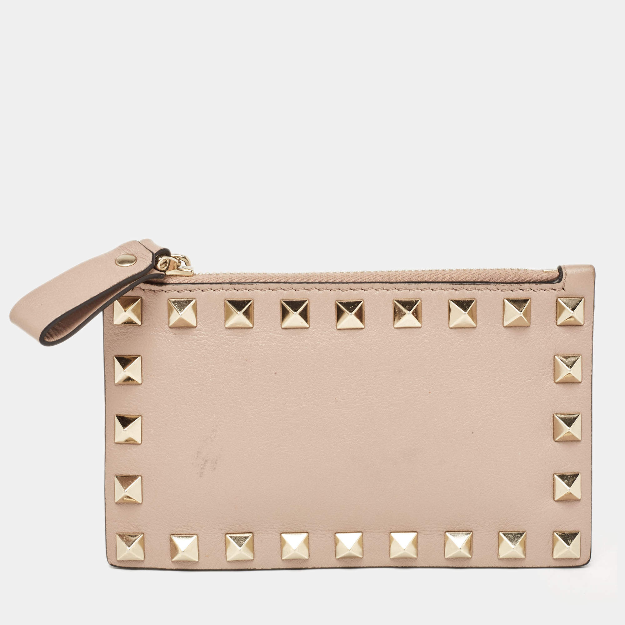 Pre Owned Valentino Poudre Pink Leather Rockstud Zip Card Case