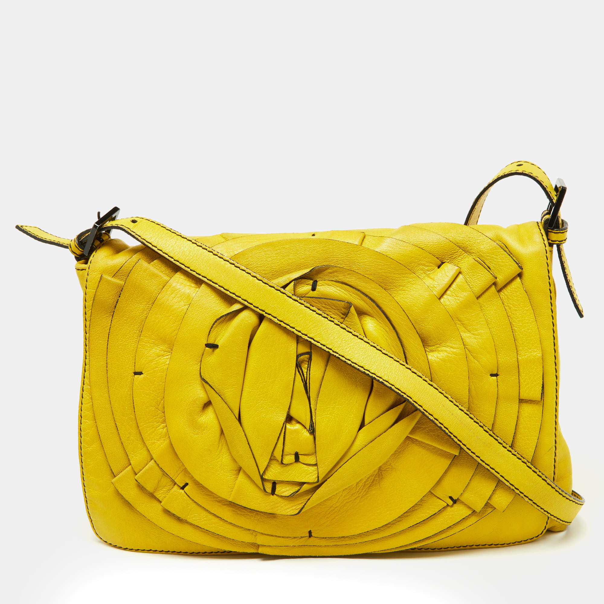 Pre Owned Valentino Yellow Leather Petale Rose Shoulder Bag