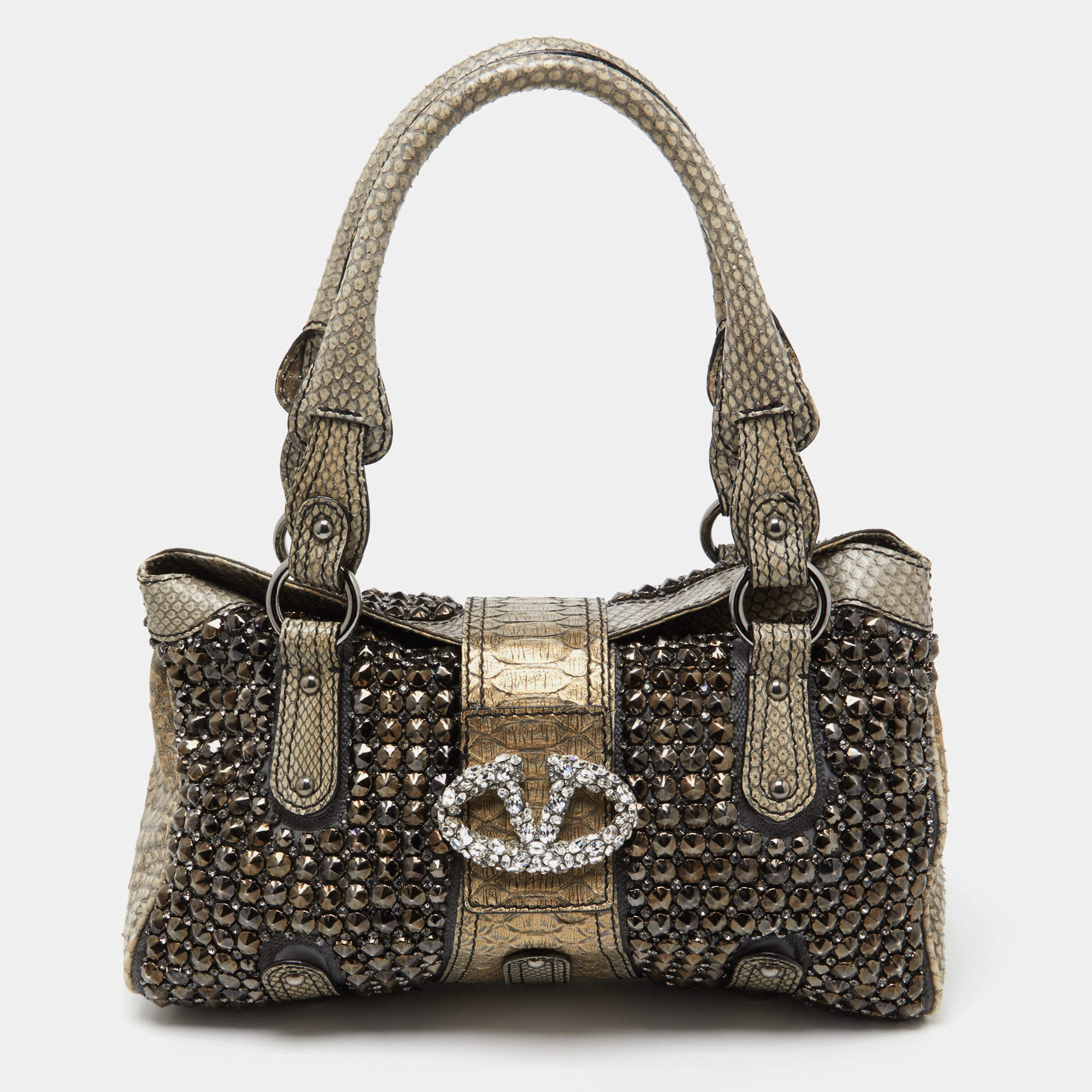 Pre Owned Valentino Grey/Gold Python Crystal Embellished Catch Tote