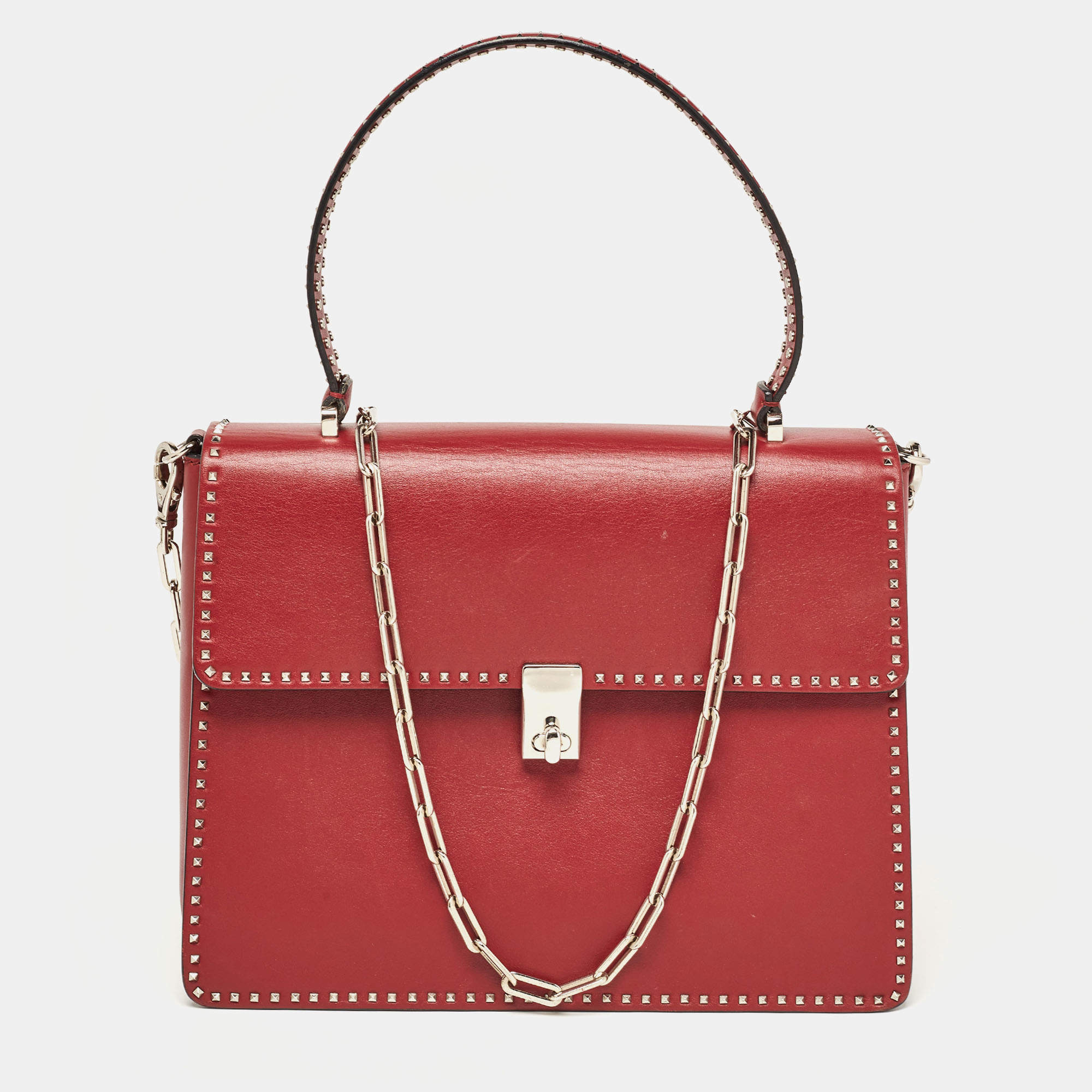 Pre Owned Valentino Red Leather Rockstud Top Handle Bag