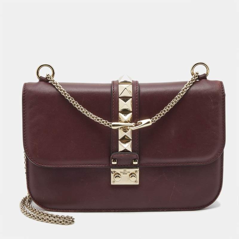 Pre Owned Valentino Burgundy Leather Medium Rockstud Glam Lock Flap Bag