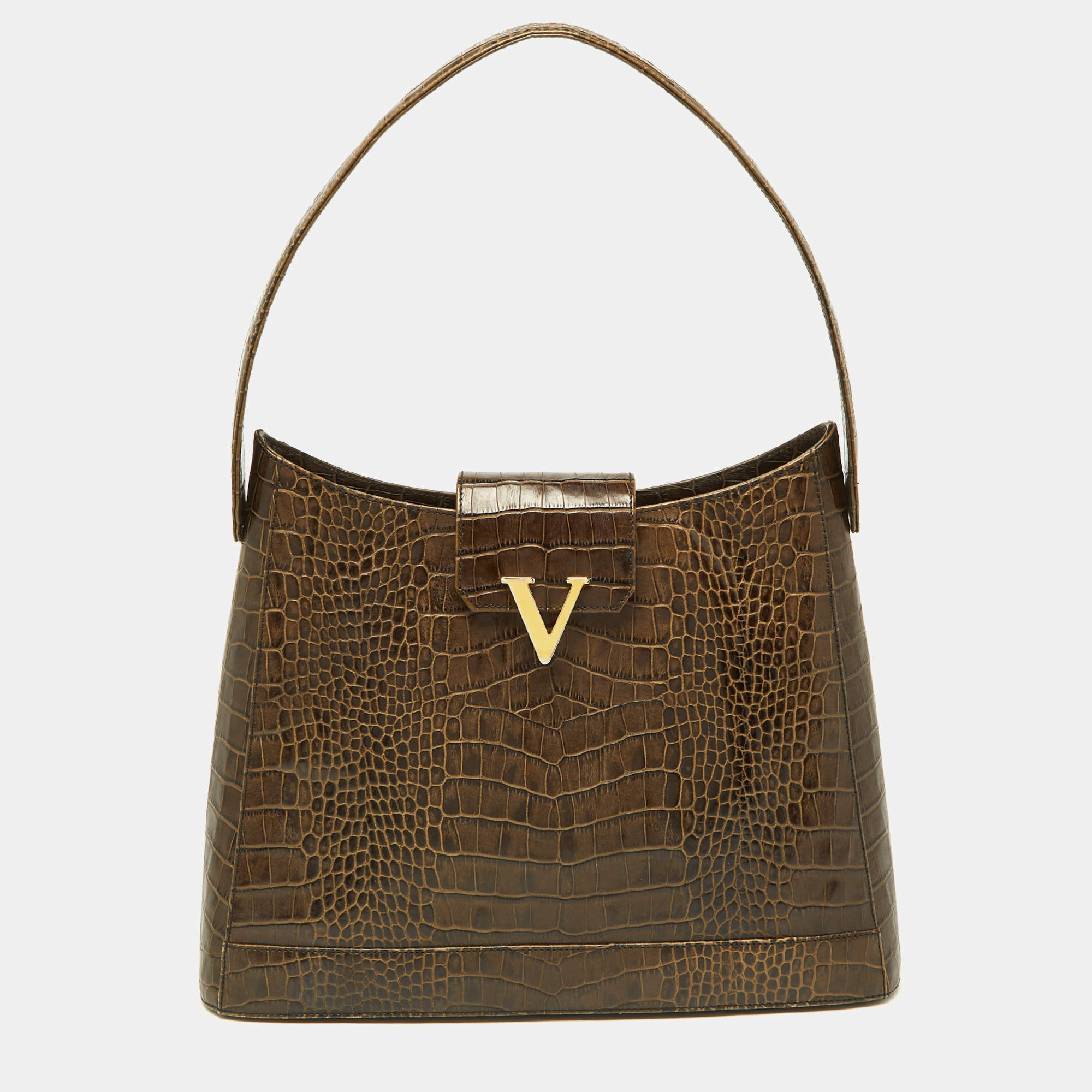 Pre Owned Valentino Olive Green Croc Embossed Leather Hobo
