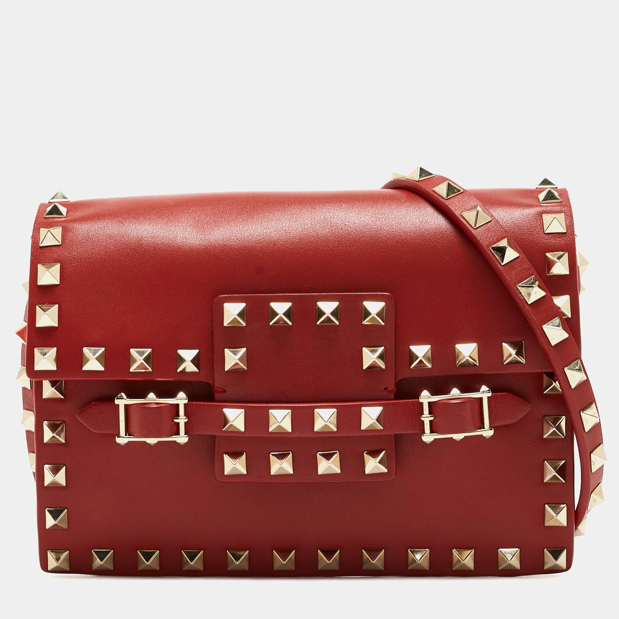 Pre Owned Valentino Red Leather Rockstud Buckled Crossbody Bag