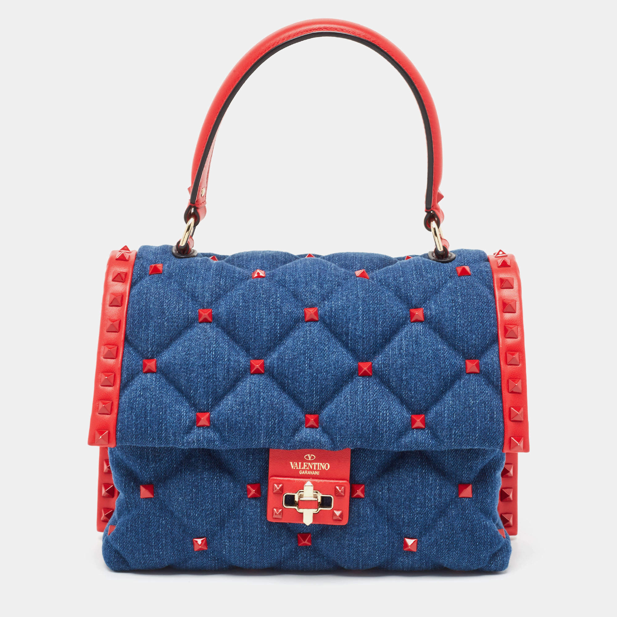Pre Owned Valentino Blue/Red Denim and Leather Candystud Top Handle Bag