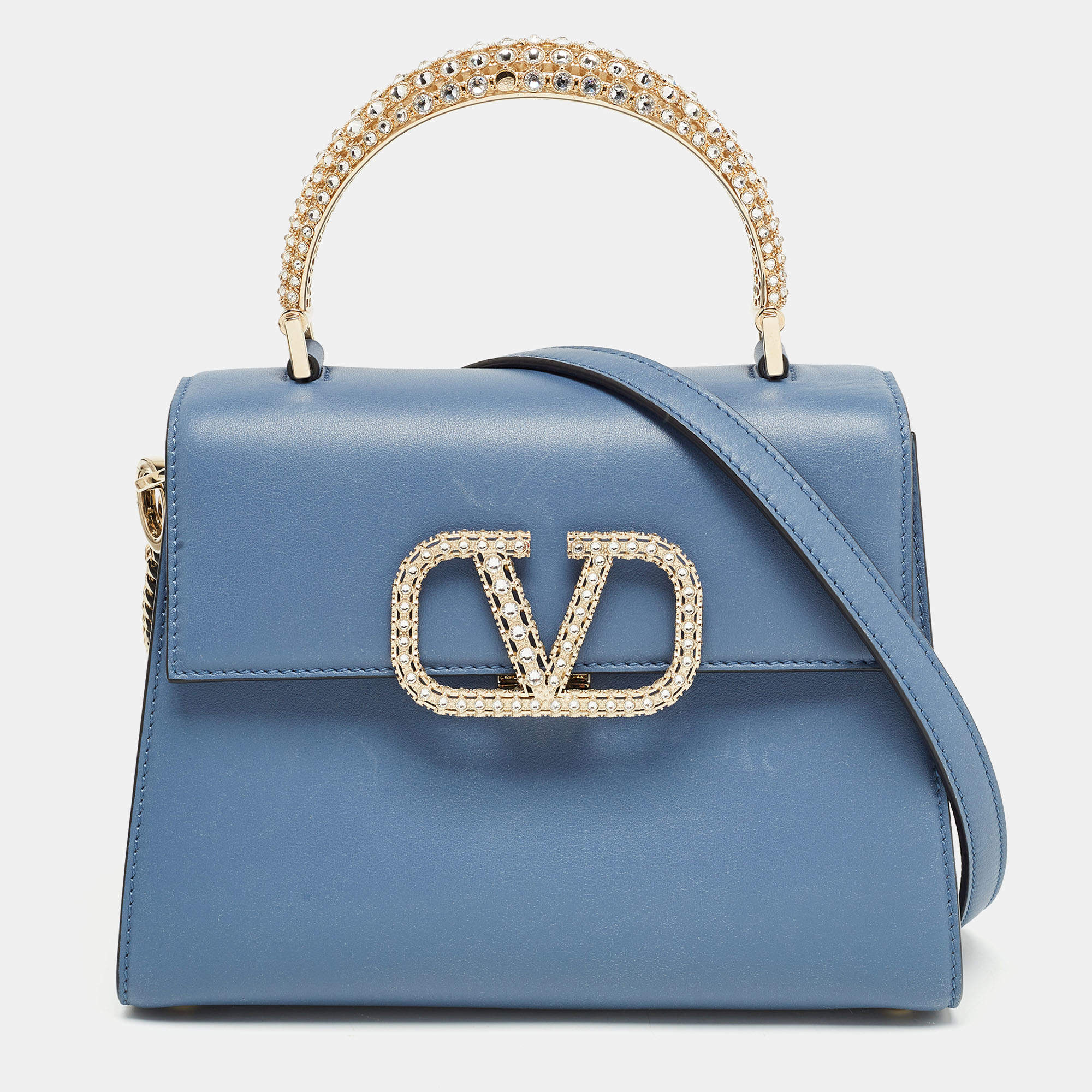 Pre Owned Valentino Light Blue Leather Small Jewel Embellished VSling Top Handle Bag