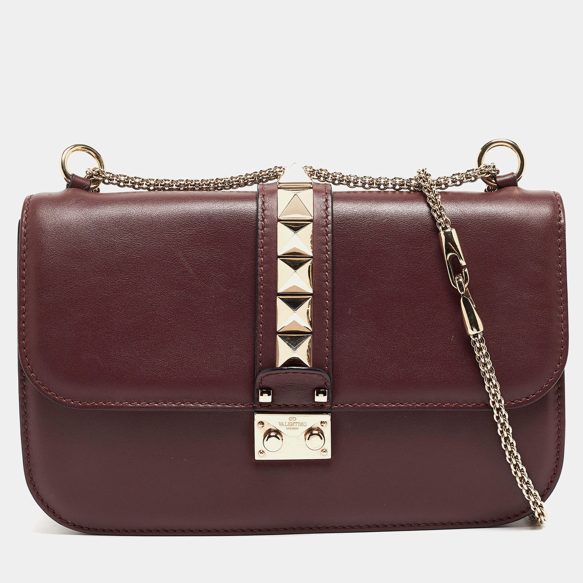 Pre Owned Valentino Burgundy Leather Medium Rockstud Glam Lock Flap Bag