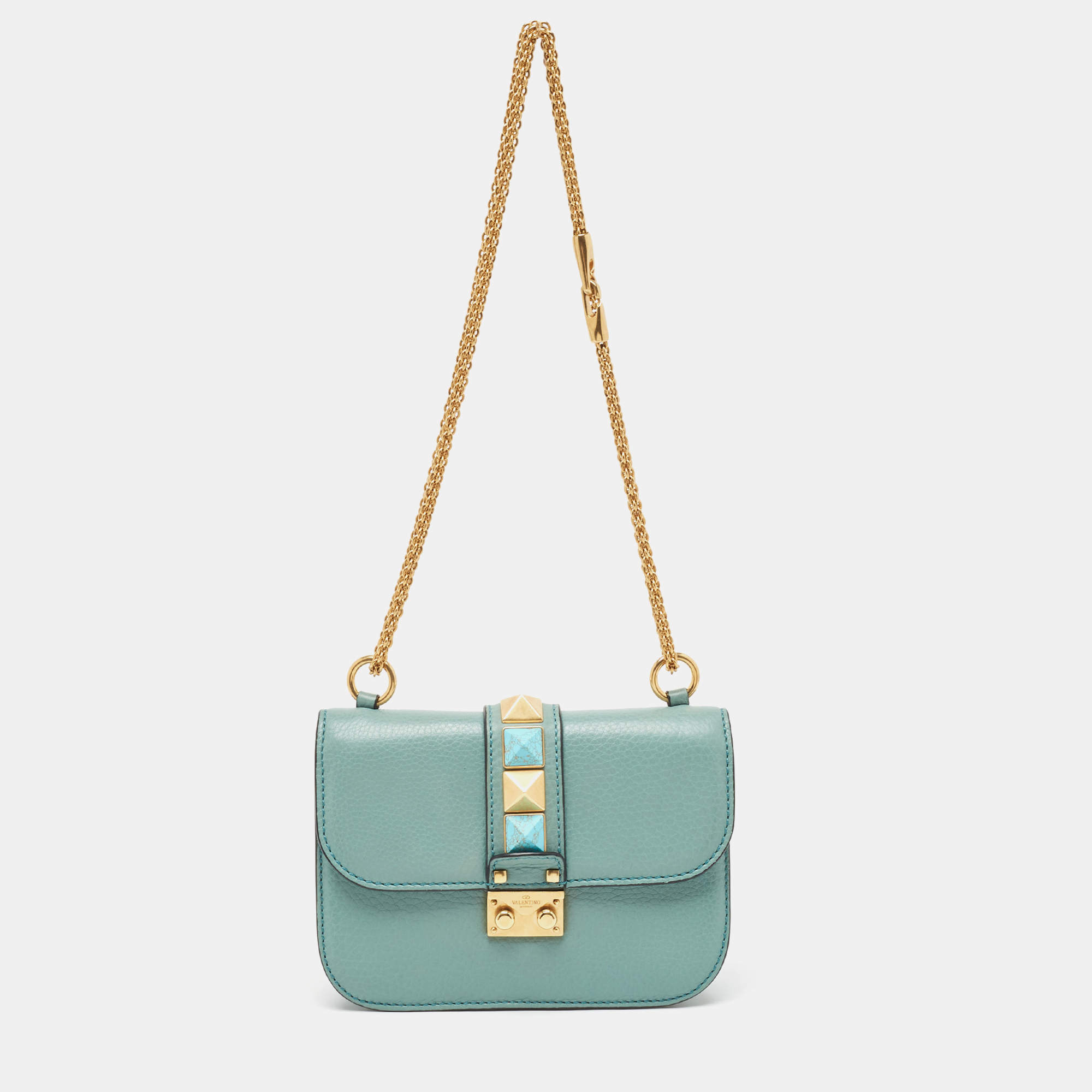 Pre Owned Valentino Turquoise Green Leather Small Rolling Rockstud Glam Lock Flap Bag