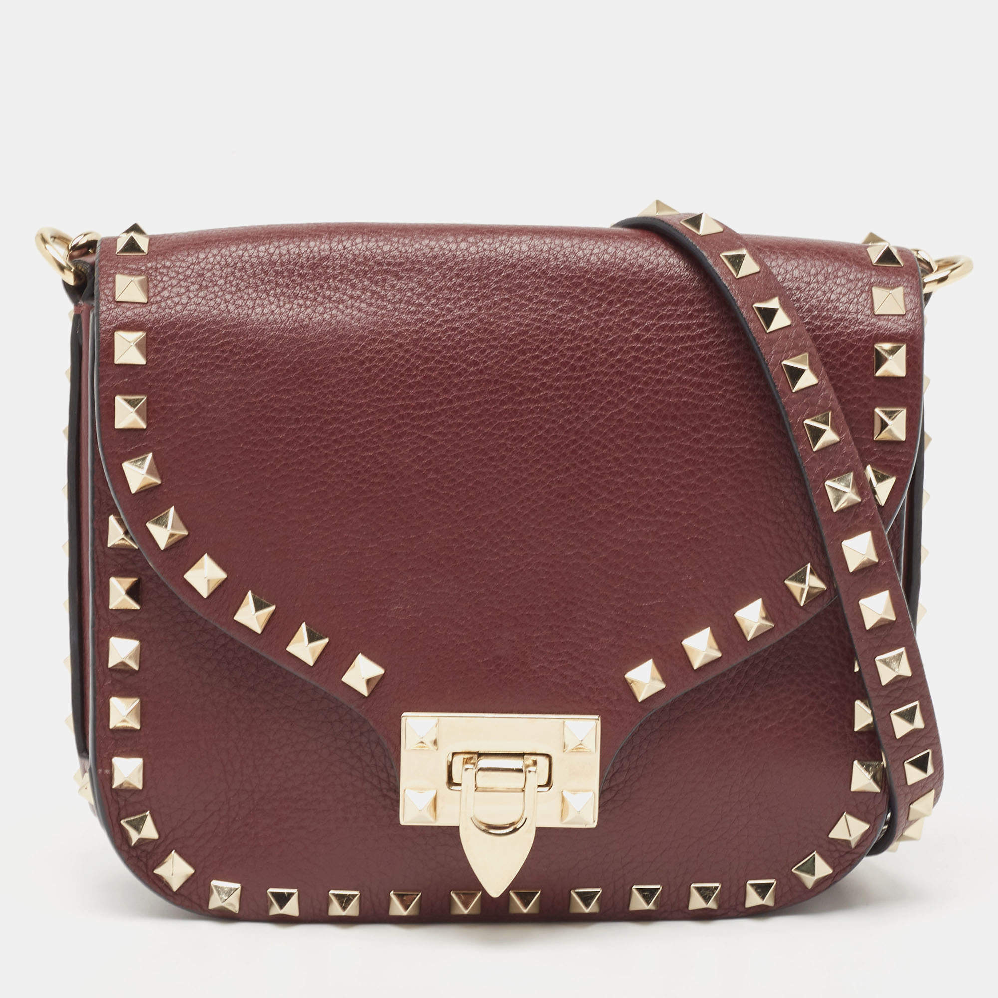 Pre Owned Valentino Burgundy Leather Rockstud Flap Crossbody Bag